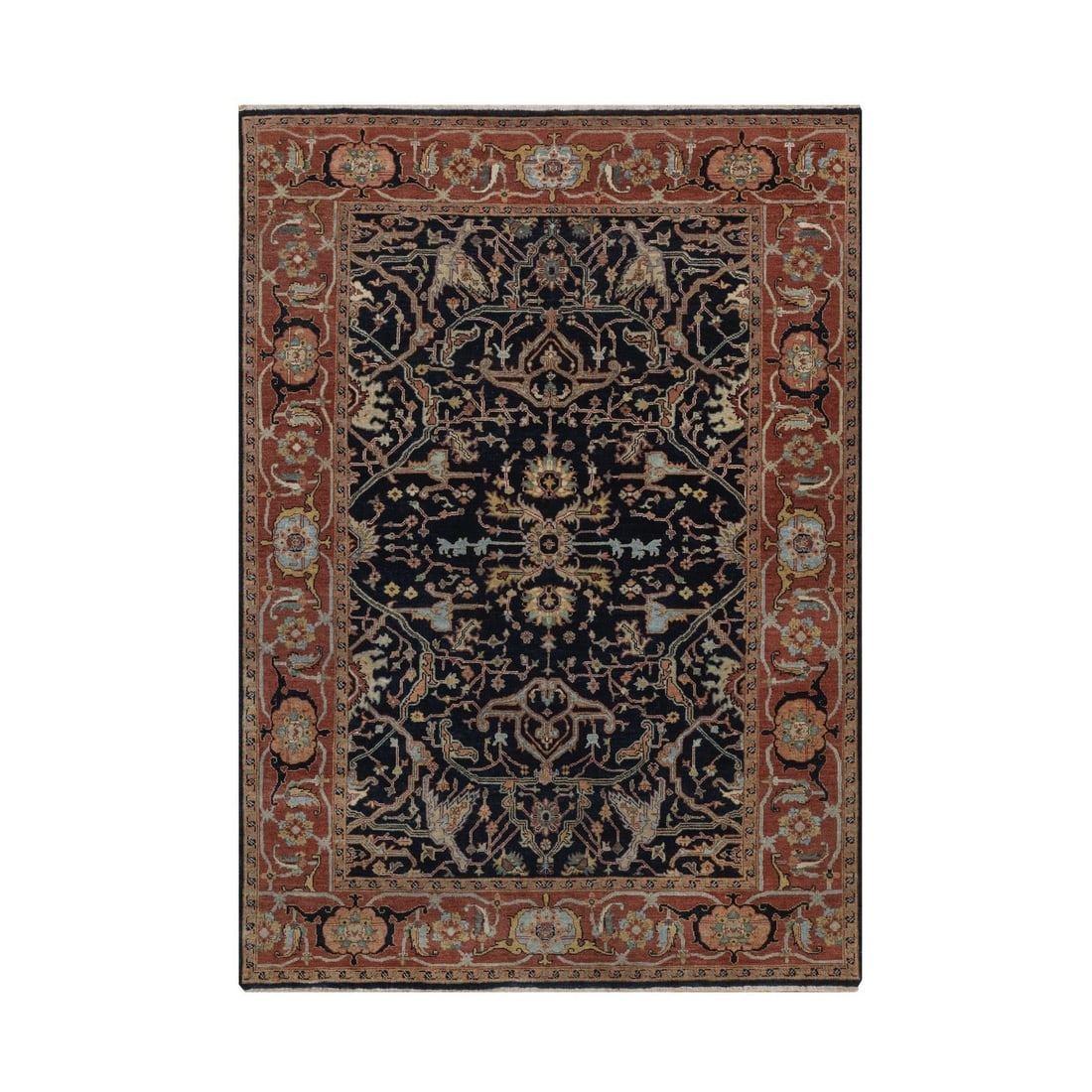 5'1"x7'1" Navy Blue Antiqued Fine Heris Re-Creation Wool Hand Knotted Rug: 5'1"x7'1" Navy Blue Antiqued Fine Heris Re-Creation Wool Hand Knotted Rug Navy blue wool hand-knotted rug with an all-over oriental regional design, featuring subtle yellow, brown, green, and orange a