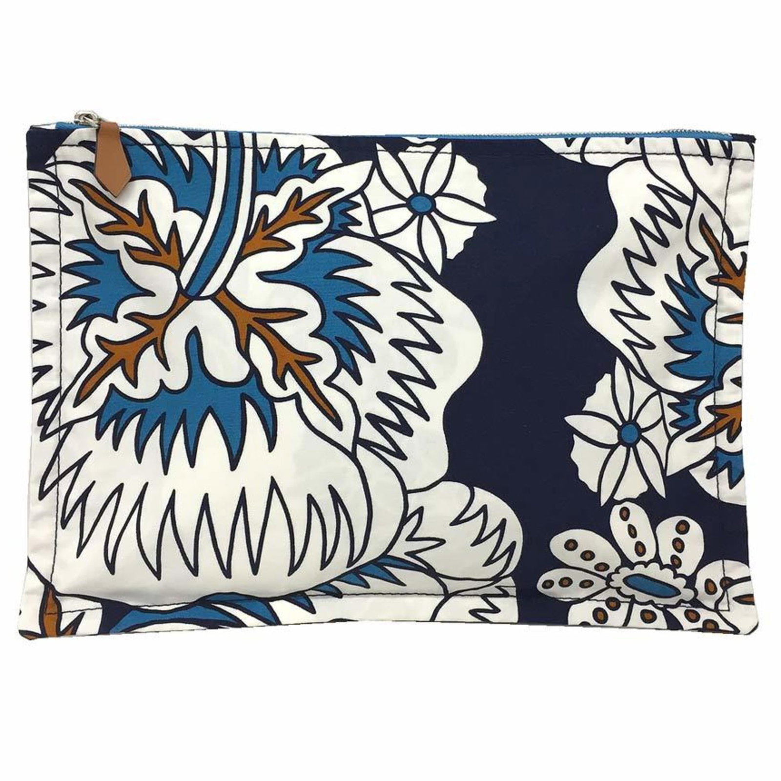 Cotton canvas pouch by Hermes: Cotton canvas pouch by Hermes Navy and white cotton canvas pouch with a zipper closure, measuring 19cm x 27.5cm, in very good condition despite some minor scratches and dirt. The classic design of