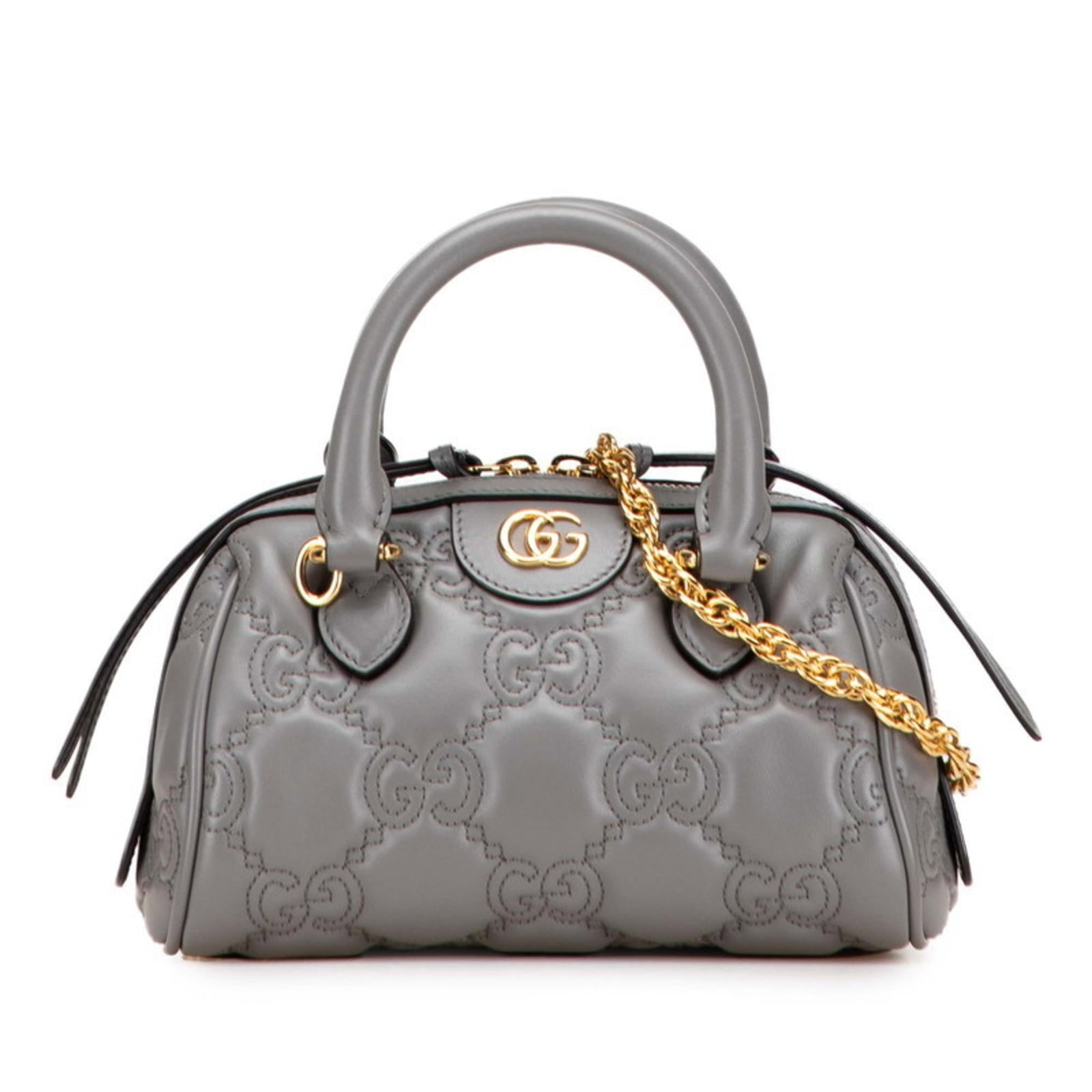 Boston Bag Leather Shoulder: Boston Bag Leather Shoulder Gray leather shoulder bag with a classic Boston design, featuring a timeless silhouette and subtle scratches from previous use. Measuring 13.5cm x 20.5cm x 11cm, it offers