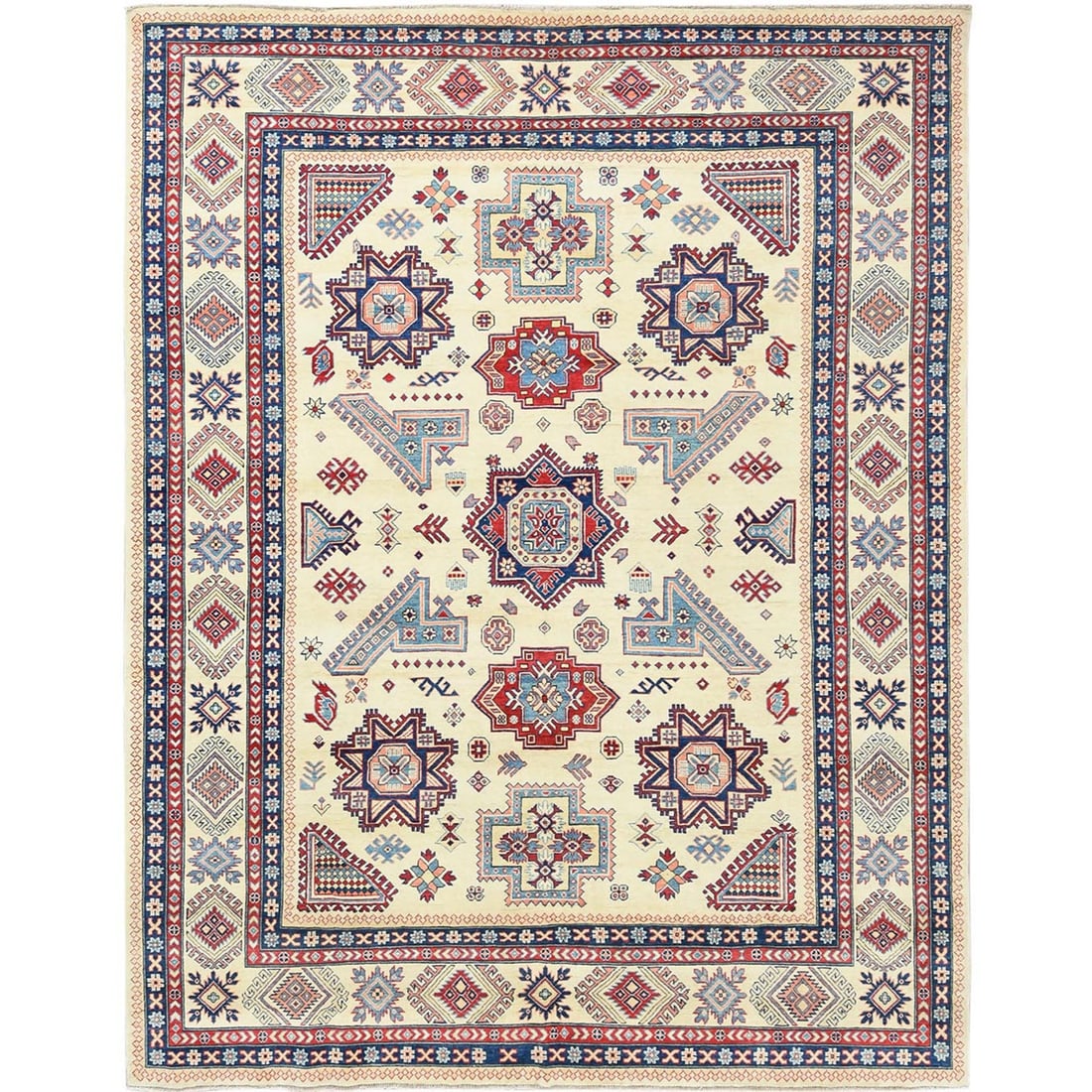 9'1"x11'7" Hand Knotted Ivory Afghan Special Kazak Natural Wool Rug: 9'1"x11'7" Hand Knotted Ivory Afghan Special Kazak Natural Wool Rug 9'1" x 11'7" Hand Knotted Ivory Afghan Special Kazak Natural Wool Rug - A stunning, hand-knotted wool rug from Afghanistan,