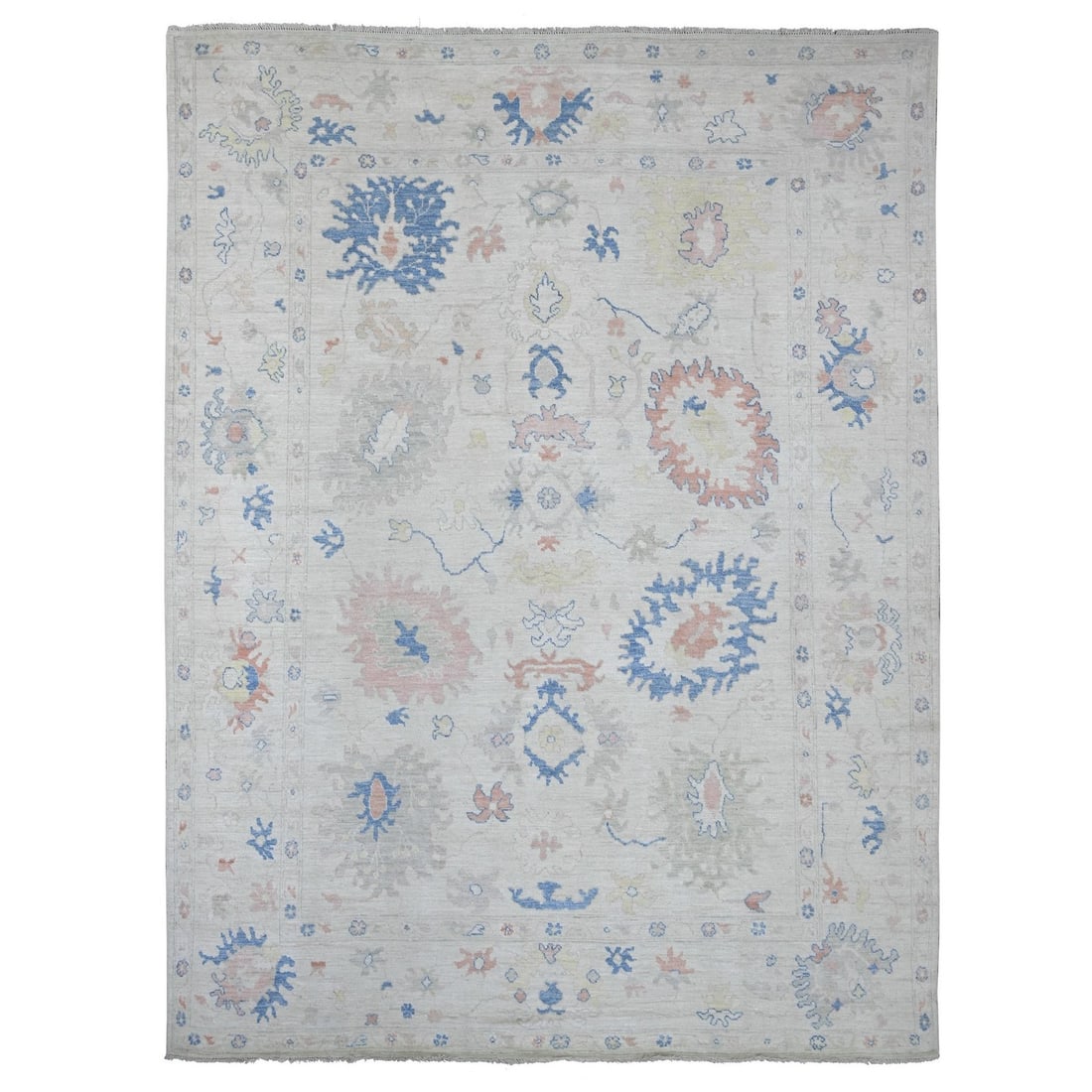 8'10"x11'8" Gray Afghan Angora Oushak Leaf Design Hand Knotted Wool Rug: 8'10"x11'8" Gray Afghan Angora Oushak Leaf Design Hand Knotted Wool Rug The Oushak Leaf Design Hand Knotted Wool Rug boasts a stunning floral pattern in shades of grey, blue, pink, red, and yellow on
