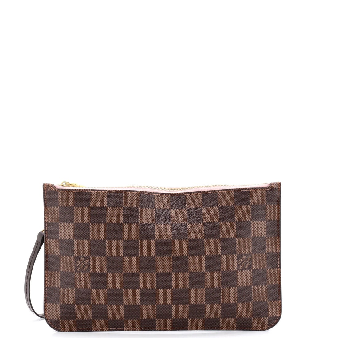 Vuitton Neverfull Large Damier Pochette Louis: Vuitton Neverfull Large Damier Pochette Louis Brown canvas coated Louis Vuitton Neverfull Large Damier Pochette with gold hardware, featuring a pink interior and minor corner wear on the exterior.
