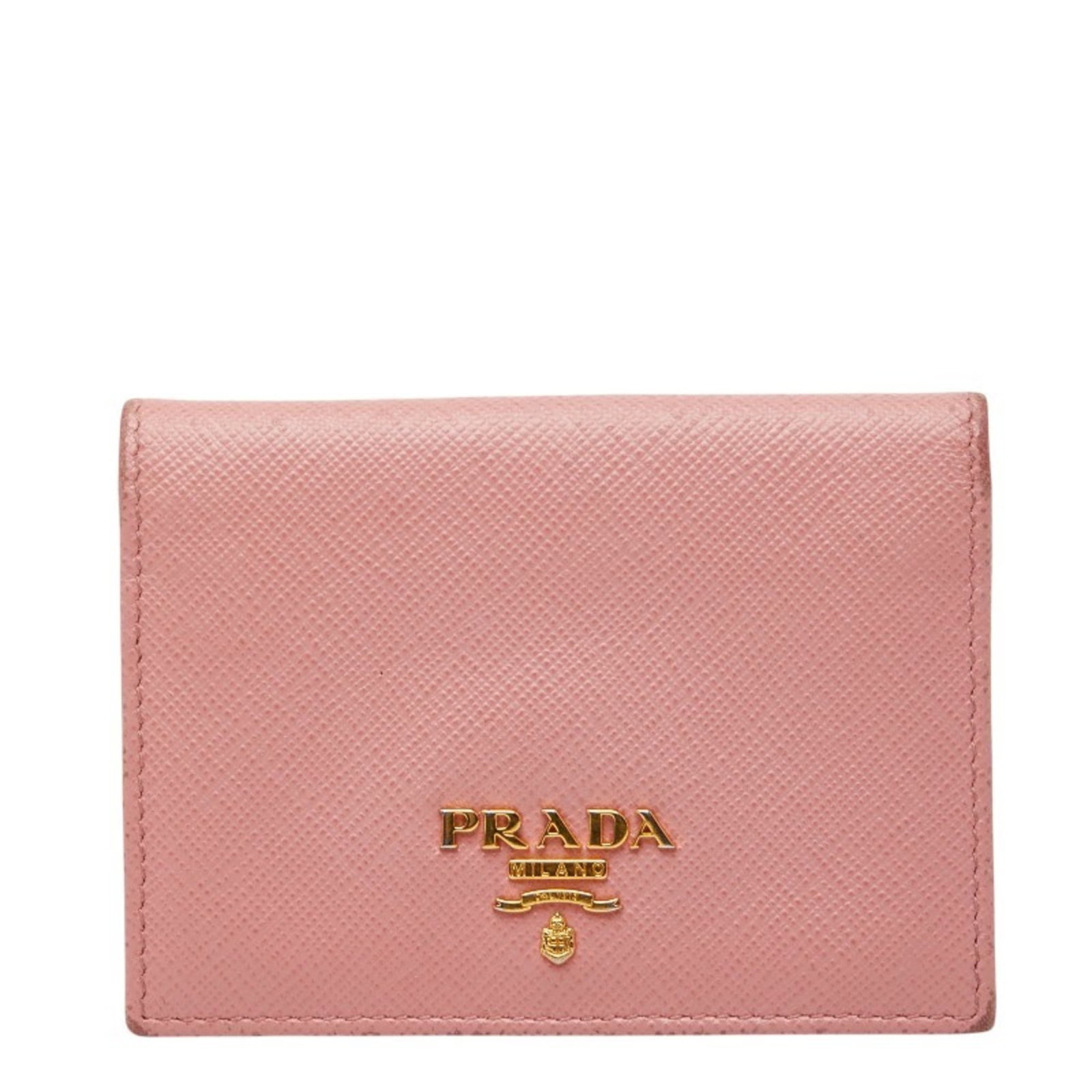 Case leather card Prada: Case leather card Prada Saffiano leather card case in pink, featuring a classic Prada design. The case shows signs of usage with minor scratches and dirt, but remains in good condition overall. A