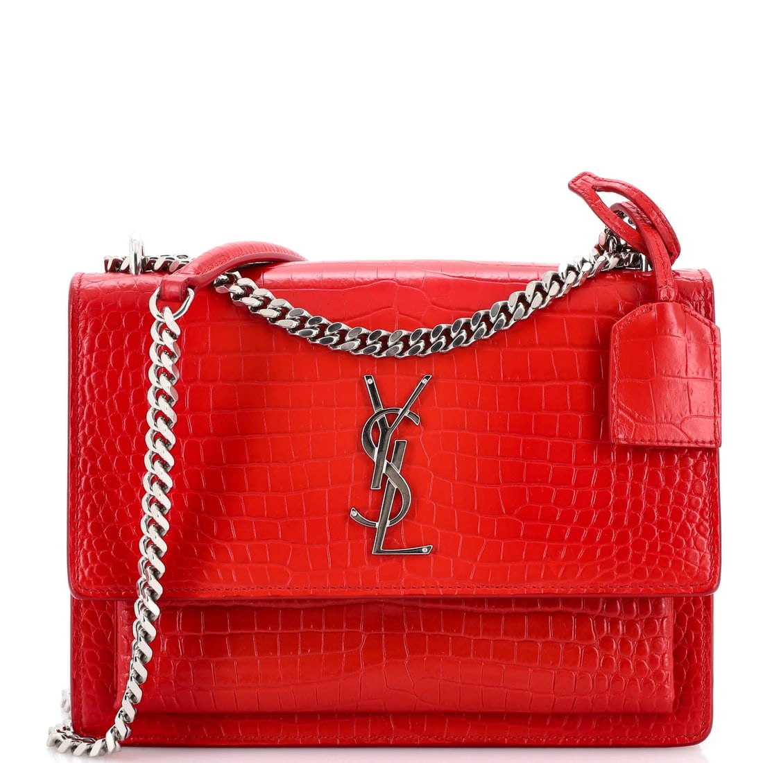 Crocodile embossed leather medium crossbody bag by saint laurent: Crocodile embossed leather medium crossbody bag by saint laurent Crocodile embossed leather medium crossbody bag by Saint Laurent, featuring striking red exterior with suede interior and silver