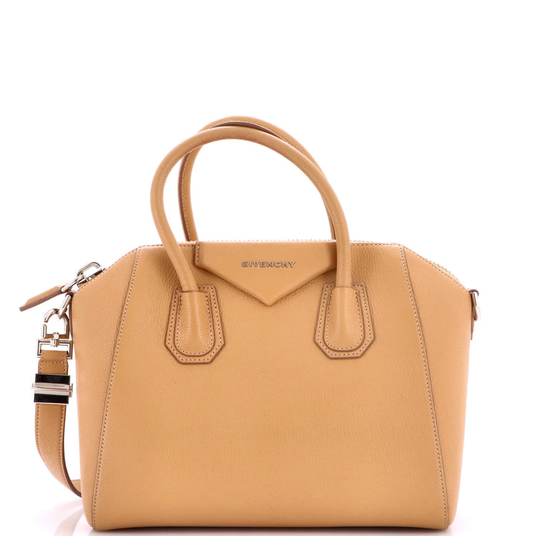 Bag Leather Givenchy Antigona Small: Bag Leather Givenchy Antigona Small Small, stylish Bag from Givenchy's Antigona Collection. This Brown Leather Satchel features a classic design with minor scuffs and creases on the exterior, while
