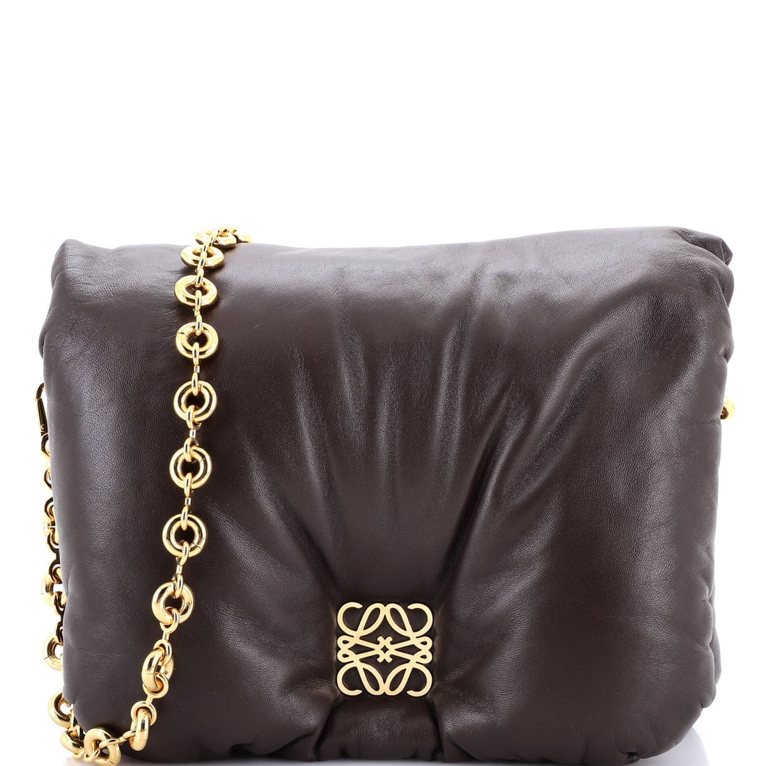Goya Medium Leather Puffer Bag Loewe: Goya Medium Leather Puffer Bag Loewe The Goya Medium Leather Puffer Bag Loewe is a stylish shoulder bag with a rich, brown leather exterior and matching interior. Minor scuffs and creases adorn the ex