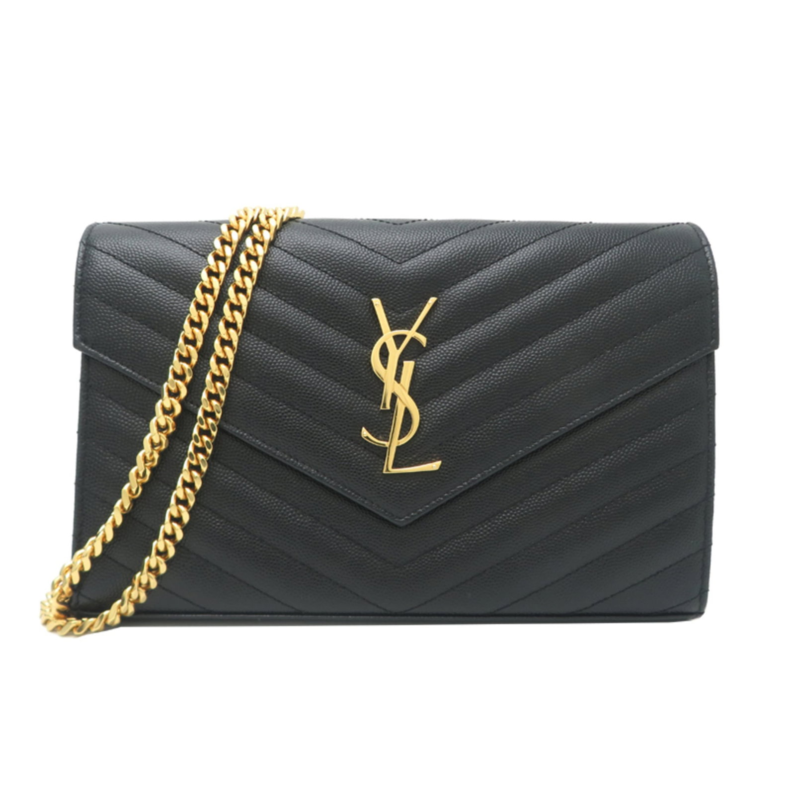 Saint Laurent Chain Shoulder Wallet Leather: Saint Laurent Chain Shoulder Wallet Leather Chain shoulder wallet with sleek black leather design, measuring 13.5cm x 22cm x 3.5cm, offering a stylish and versatile accessory for everyday use. The