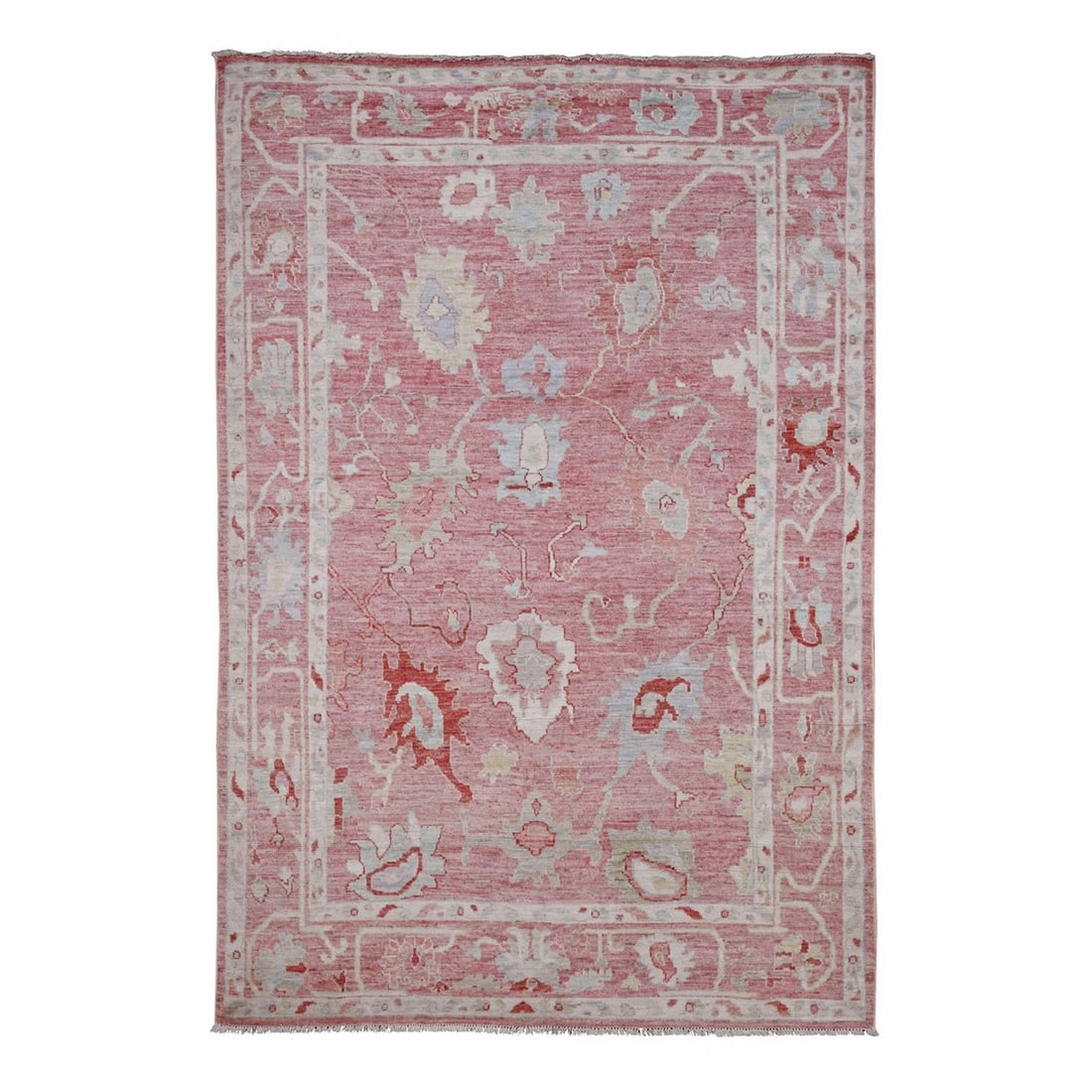 5'9"x8'9" Pink Hand Knotted Afghan Angora Oushak Leaf Design All Wool Rug (1 of 6)