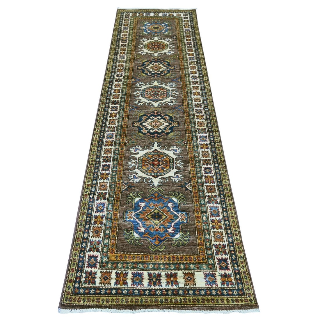 Brown Afghan Wool Super Hand Knotted Kazak Design Medallions Rug 2'7"x9'4: Brown Afghan Wool Super Hand Knotted Kazak Design Medallions Rug 2'7"x9'4 Hand-knotted in rich brown Afghan wool, this stunning Kazak design medallion rug boasts an all-over regional pattern that show