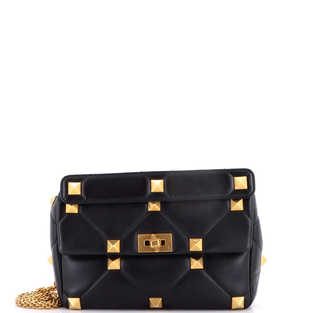 Garavani Valentino Roman Large Flap Quilted Bag Stud Leather: Garavani Valentino Roman Large Flap Quilted Bag Stud Leather Black leather Roman Stud Flap Quilted bag with gold hardware, measuring 8" high, 10.5" wide, and 4.5" deep, features a large flap with