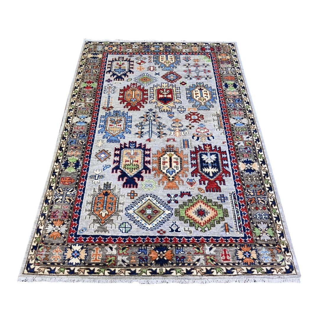 Hand Knotted Chrome Gray Wool Afghan Rug Ersari Geometric Gul: Hand Knotted Chrome Gray Wool Afghan Rug Ersari Geometric Gul Hand-knotted in rich chrome gray wool, this stunning Afghan rug boasts an intricate Ersari geometric gul pattern. Measuring 71" x 47",