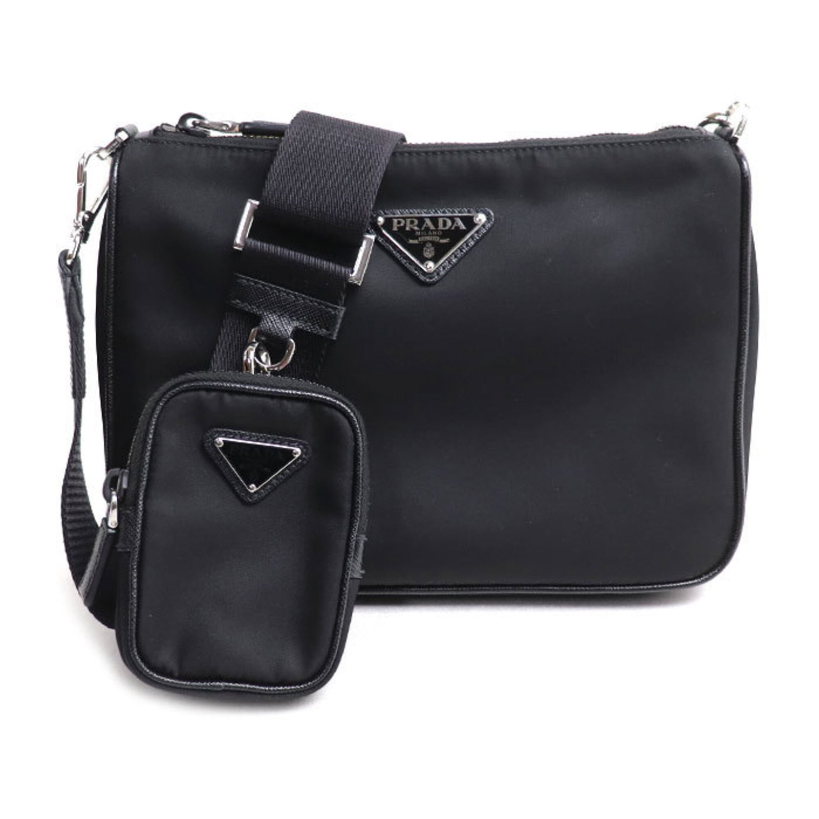Prada Pouch Shoulder Bag Polyamide: Prada Pouch Shoulder Bag Polyamide The Prada Pouch Shoulder Bag Polyamide is a sleek and versatile accessory, featuring a polyamide material with a black finish and silver hardware. Measuring 18cm x