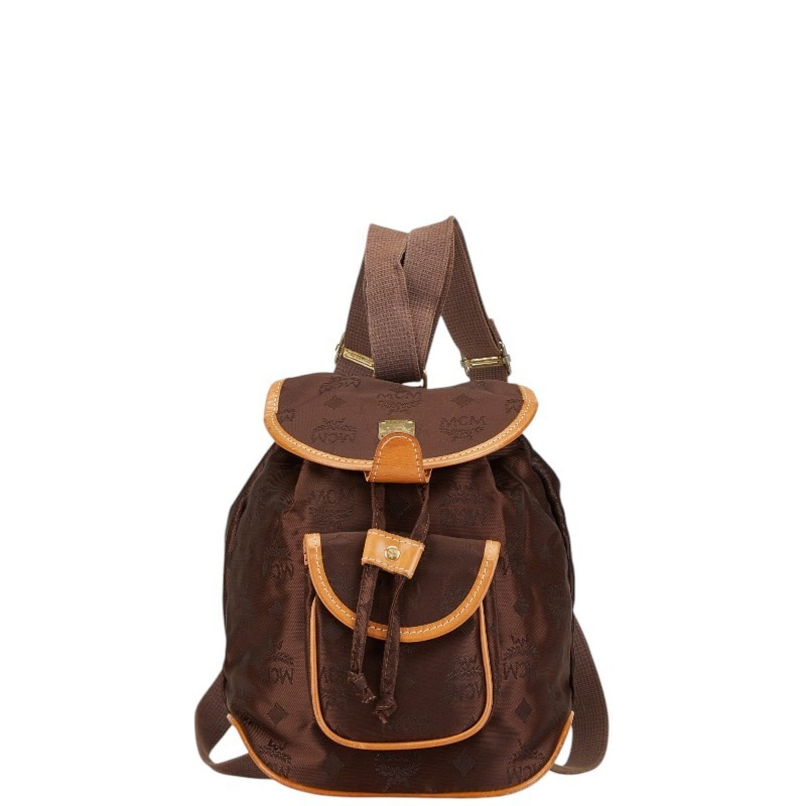 Nylon Leather Backpack: Nylon Leather Backpack Nylon leather backpack with brown color, measuring 23cm x 22cm x 15cm. The backpack has traces of usage and minor scratches/dirt, but remains in good condition overall. Made