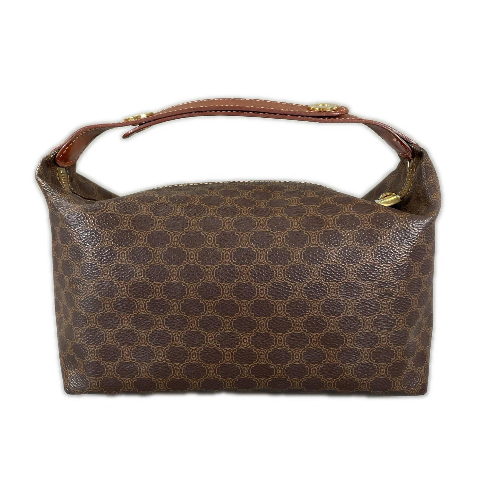 Handbag Celine PVC Leather: Handbag Celine PVC Leather This Celine handbag features a unique combination of PVC and leather materials, presented in a rich brown color with gold hardware details. Measuring 14cm x 21cm x 12cm, it 