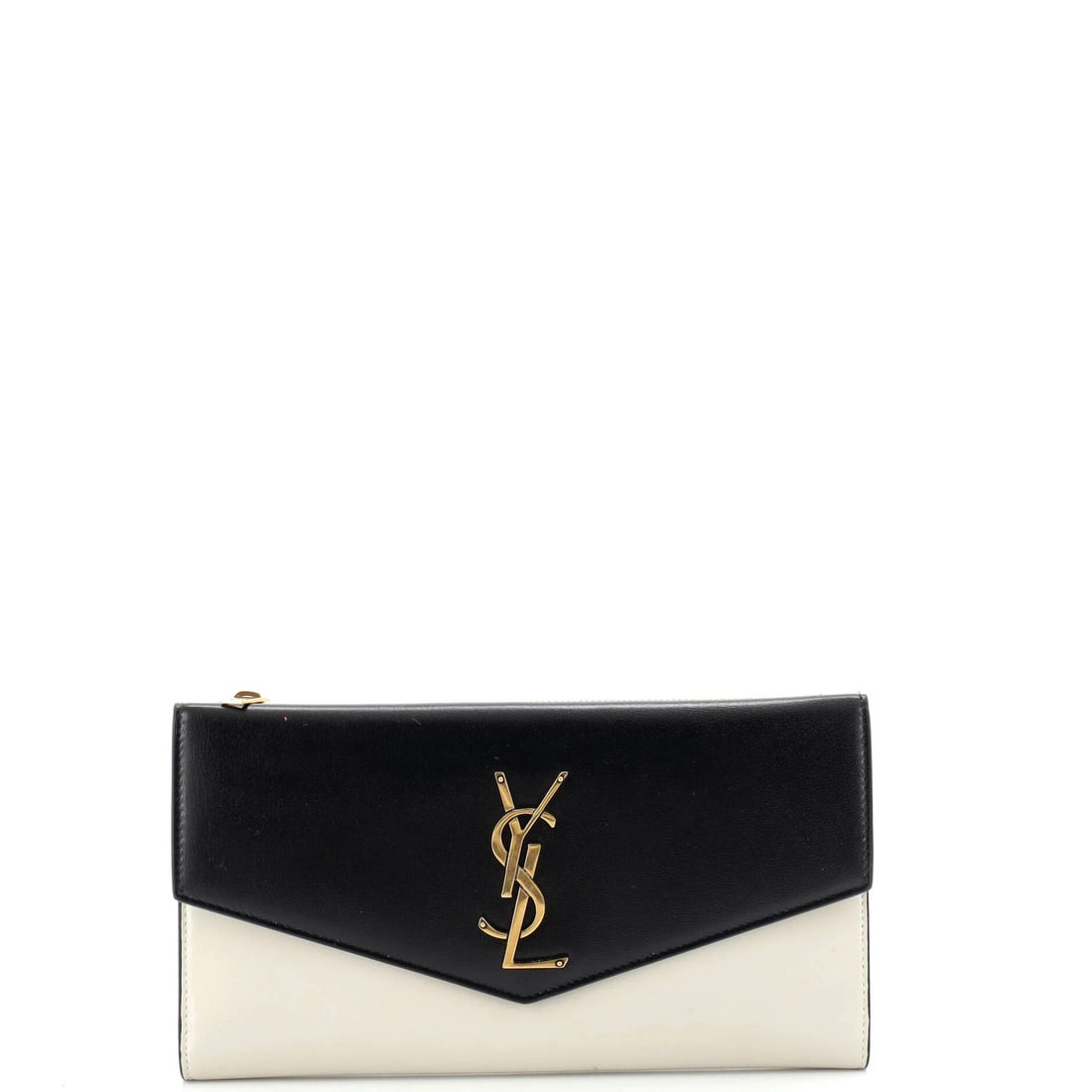 Long Leather Wallet Flap Uptown Saint Laurent: Long Leather Wallet Flap Uptown Saint Laurent Long Leather Wallet Flap Uptown Saint Laurent features a classic design with a long, gray and white leather exterior and black interior. The wallet boasts