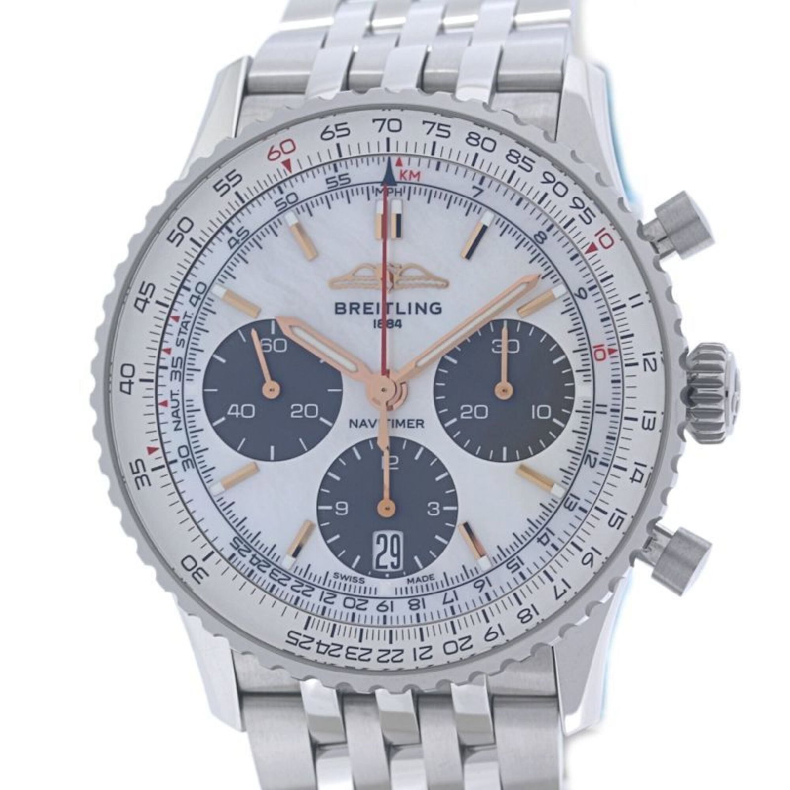 Breitling Wristwatch: Breitling Wristwatch Stainless steel case and band provide a durable foundation for this Breitling wristwatch, featuring a white shell dial. The watch measures 41mm in diameter and has a comfortable w