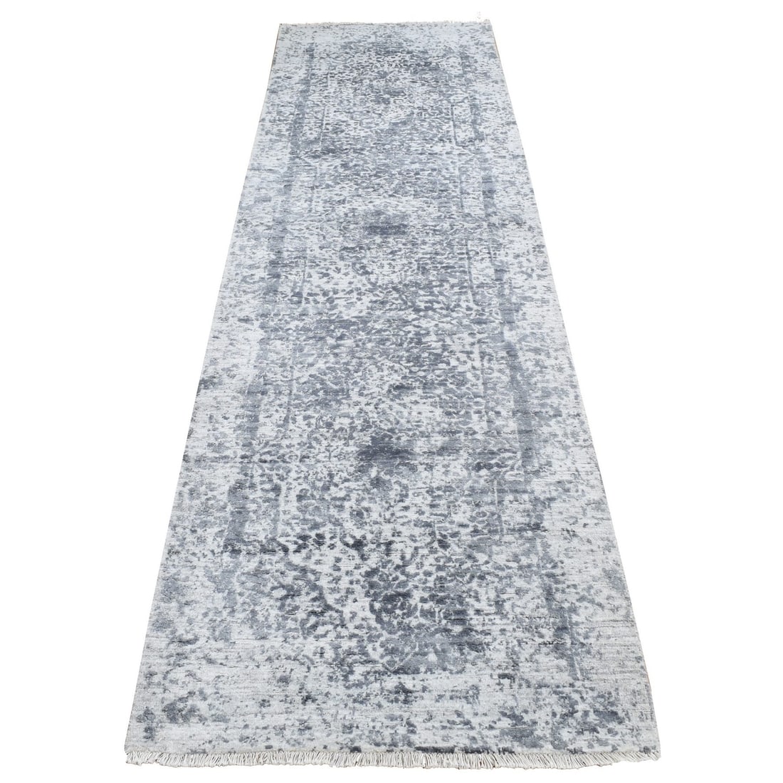 2'8"x10' Gray Wool/ Silk Hand Knotted Erased Zoroastrian Design Runner Rug: 2'8"x10' Gray Wool/ Silk Hand Knotted Erased Zoroastrian Design Runner Rug The Zoroastrian design runner rug boasts a stunning field of grey silk and wool, expertly hand-knotted with intricate