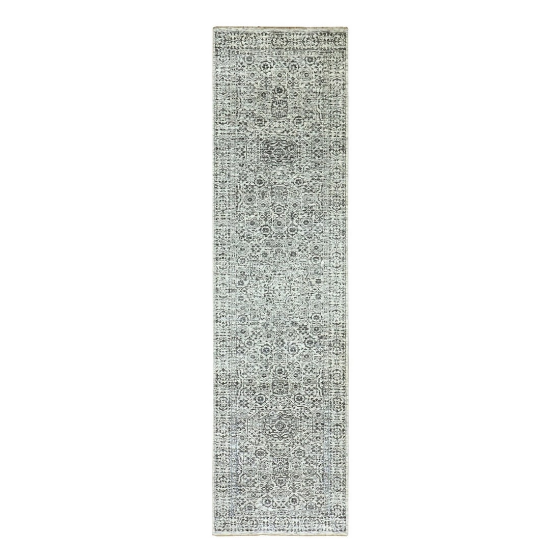 2'8"x10' White Mamluk Dynasty Design Undyed Wool Hand Knotted Runner Rug: 2'8"x10' White Mamluk Dynasty Design Undyed Wool Hand Knotted Runner Rug Hand-knotted in undyed wool, this stunning Mamluk Dynasty design rug boasts intricate patterns and a timeless ivory color