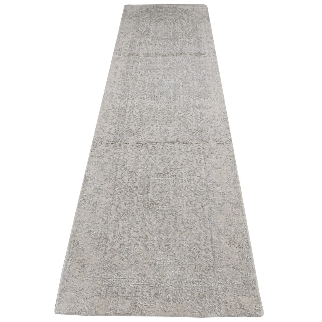 2'5"x10' White, Wool and Silk, Fine Jacquard Hand Loomed Runner Rug: 2'5"x10' White, Wool and Silk, Fine Jacquard Hand Loomed Runner Rug The 2'5"x10' White, Wool and Silk, Fine Jacquard Hand Loomed Runner Rug boasts an elegant design with a subtle beige color. Made fro