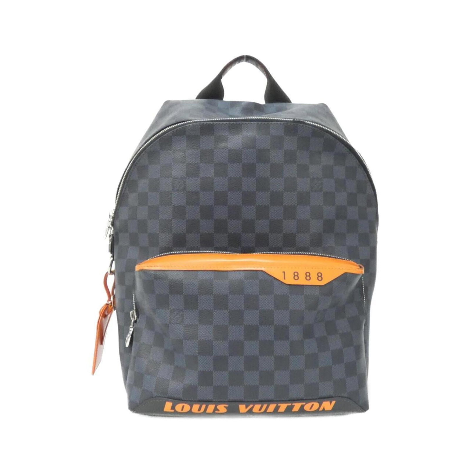 Coated Canvas Backpack by Louis Vuitton: Coated Canvas Backpack by Louis Vuitton The Louis Vuitton Coated Canvas Backpack boasts a sleek black and cobalt color combination, accented by silver hardware. Made from coated canvas, this durable