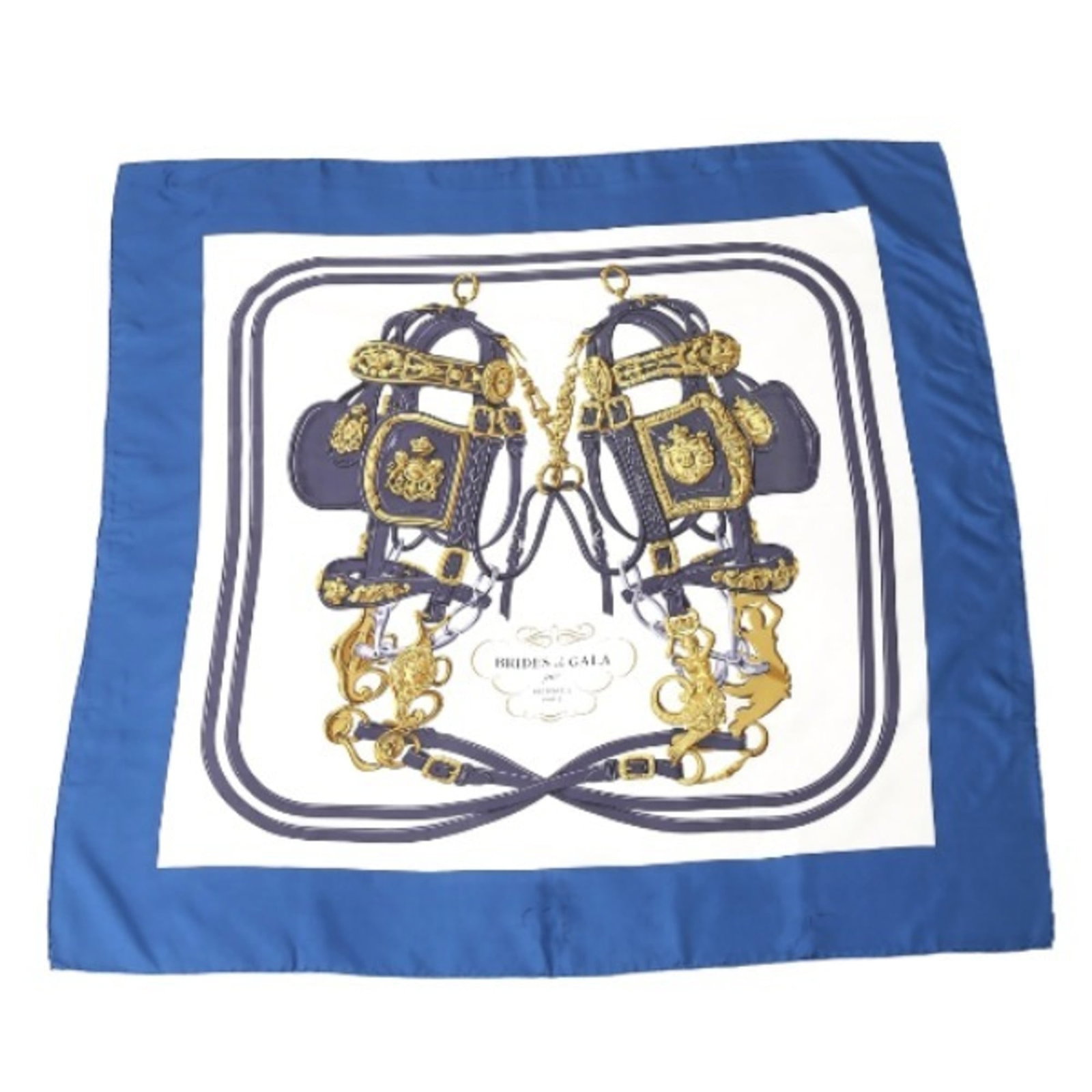Silk Hermes Scarf: Silk Hermes Scarf Blue silk scarf with a classic design, bearing the signature of the renowned French fashion house. Measuring 88cm x 87cm, this used scarf features subtle traces of usage and minor