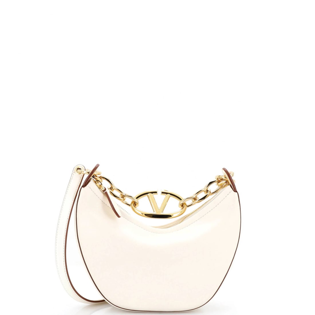 Valentino Garavani Vlogo Hobo Leather Mini Moon: Valentino Garavani Vlogo Hobo Leather Mini Moon The Valentino Garavani Vlogo Hobo Leather Mini Moon boasts sleek, neutral tones and a chic design. This compact leather mini bag features gold