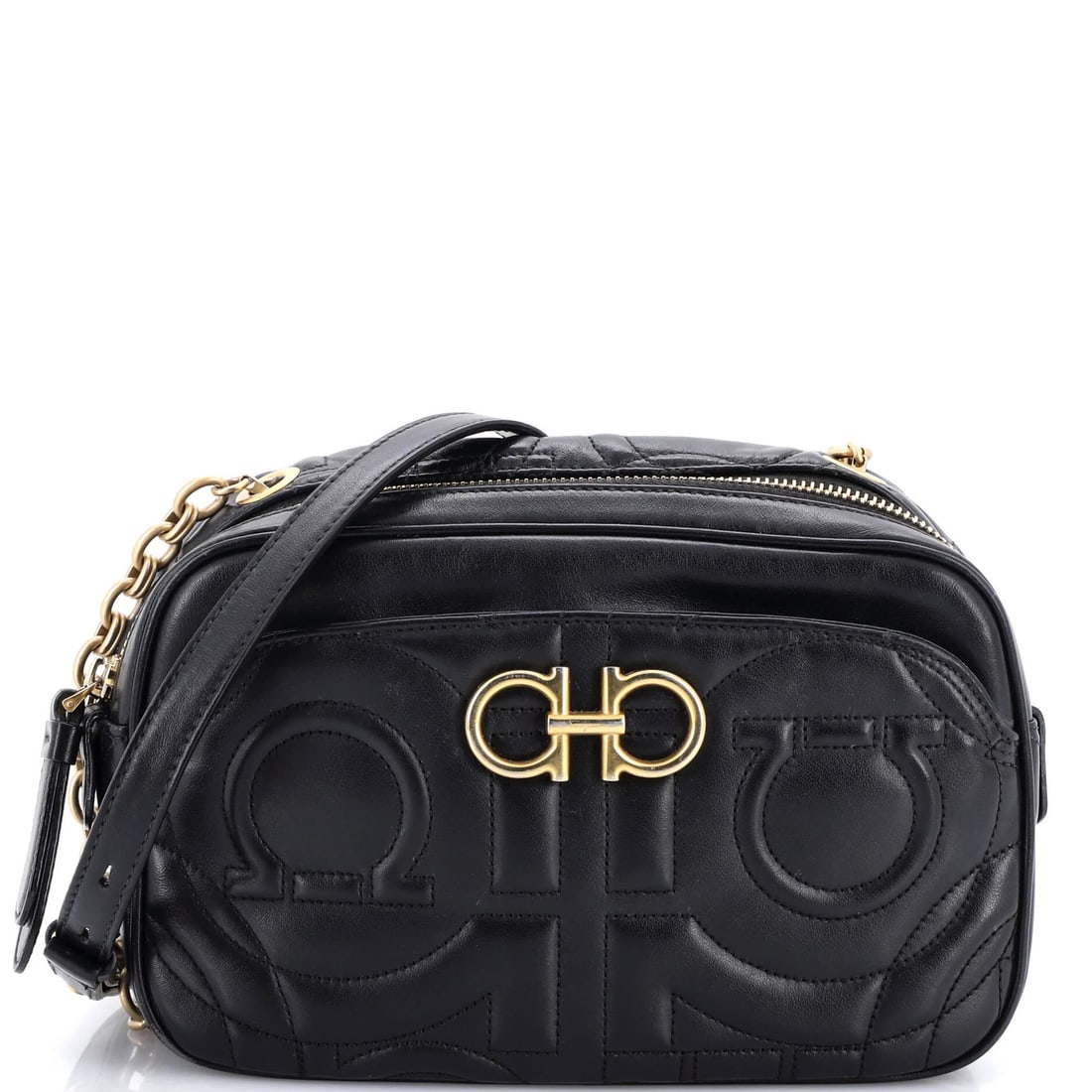 Quilted Leather Gancini Camera Bag Ferragamo Salvatore: Quilted Leather Gancini Camera Bag Ferragamo Salvatore Black quilted leather Gancini camera bag by Salvatore Ferragamo, featuring a classic cross body design with aged gold hardware. The exterior
