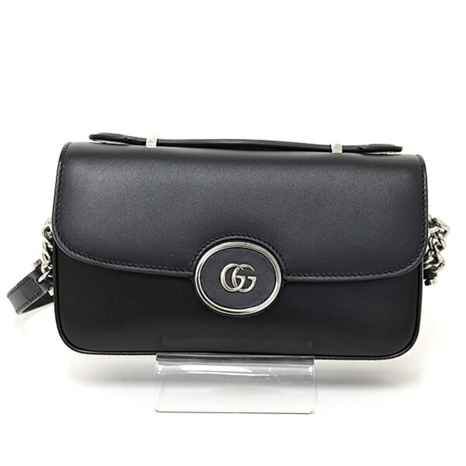 Shoulder Bag Leather Gucci: Shoulder Bag Leather Gucci Black leather shoulder bag from Gucci, measuring 12cm x 20cm x 5cm. In mint condition with like-new features, this used item boasts its signature style and craftsmanship. A