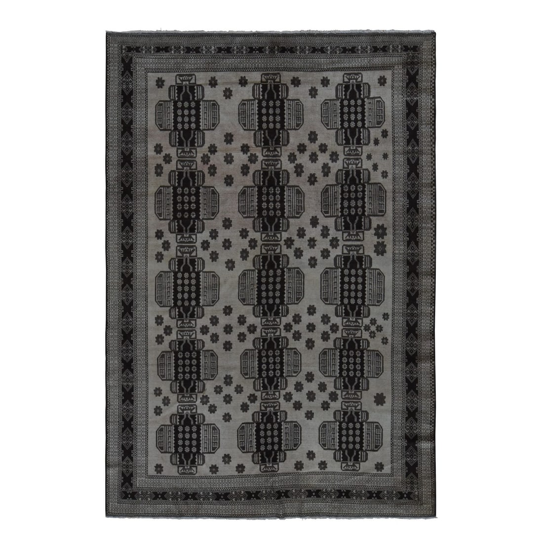 6'7"x9'8" Tan Brown Vintage Afghan Balooch Hand Knotted Pure Wool Rug: 6'7"x9'8" Tan Brown Vintage Afghan Balooch Hand Knotted Pure Wool Rug Tan Brown Vintage Afghan Balooch Hand Knotted Pure Wool Rug measures 6'7" x 9'8" and features a rich, brown field color with an or