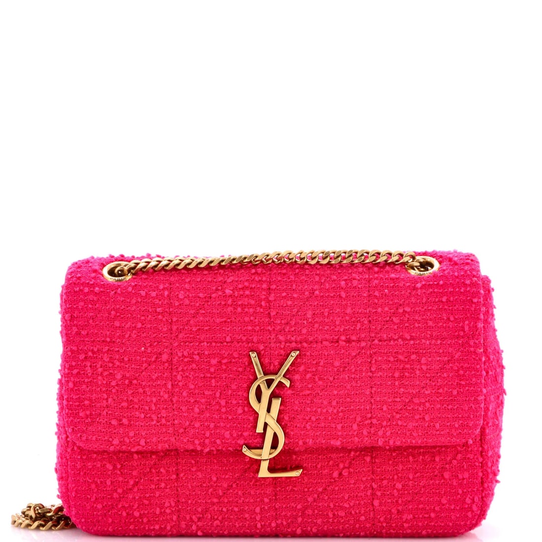 Quilted Boucle Tweed Medium Flap Bag Saint Laurent Jamie: Quilted Boucle Tweed Medium Flap Bag Saint Laurent Jamie Pink quilted boucle tweed medium flap bag with leather interior and aged gold hardware. This Saint Laurent Jamie style features a classic
