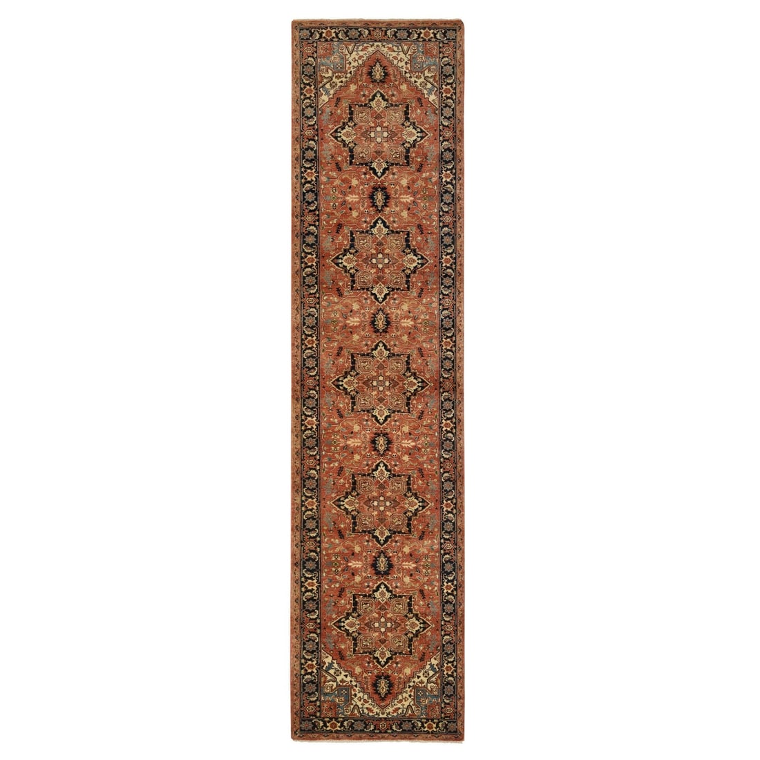 Pure Wool Hand Knotted Antiqued Heris Re Creation Red Runner Rug: Pure Wool Hand Knotted Antiqued Heris Re Creation Red Runner Rug 100% pure wool, expertly hand-knotted and meticulously antiqued to create a stunning Red Runner rug. Measuring 144 inches in length