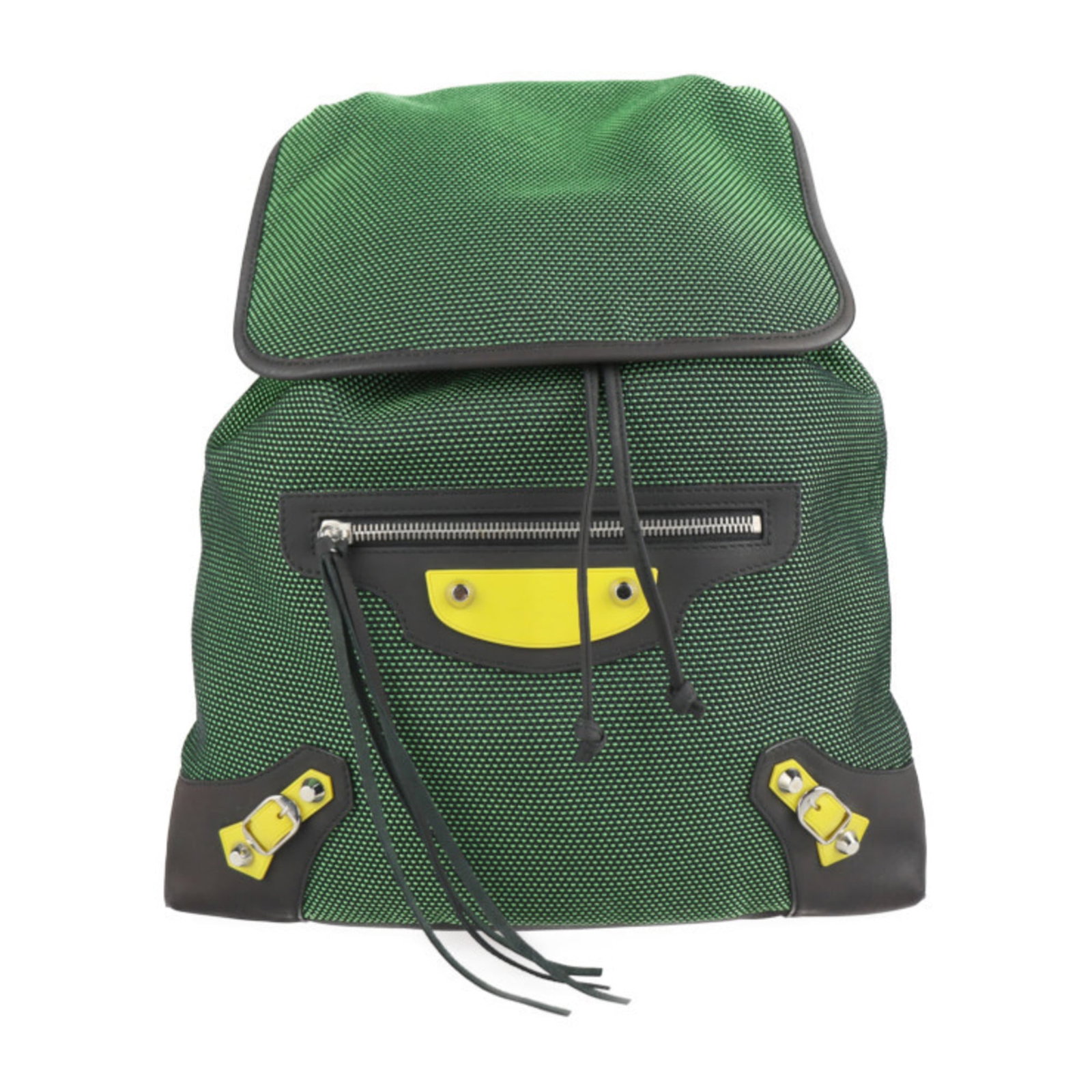 Balenciaga Backpack Nylon Canvas Leather: Balenciaga Backpack Nylon Canvas Leather Balenciaga Backpack in Black and Green, featuring a durable nylon canvas and leather combination, with a classic flap closure and multiple pockets for organiza