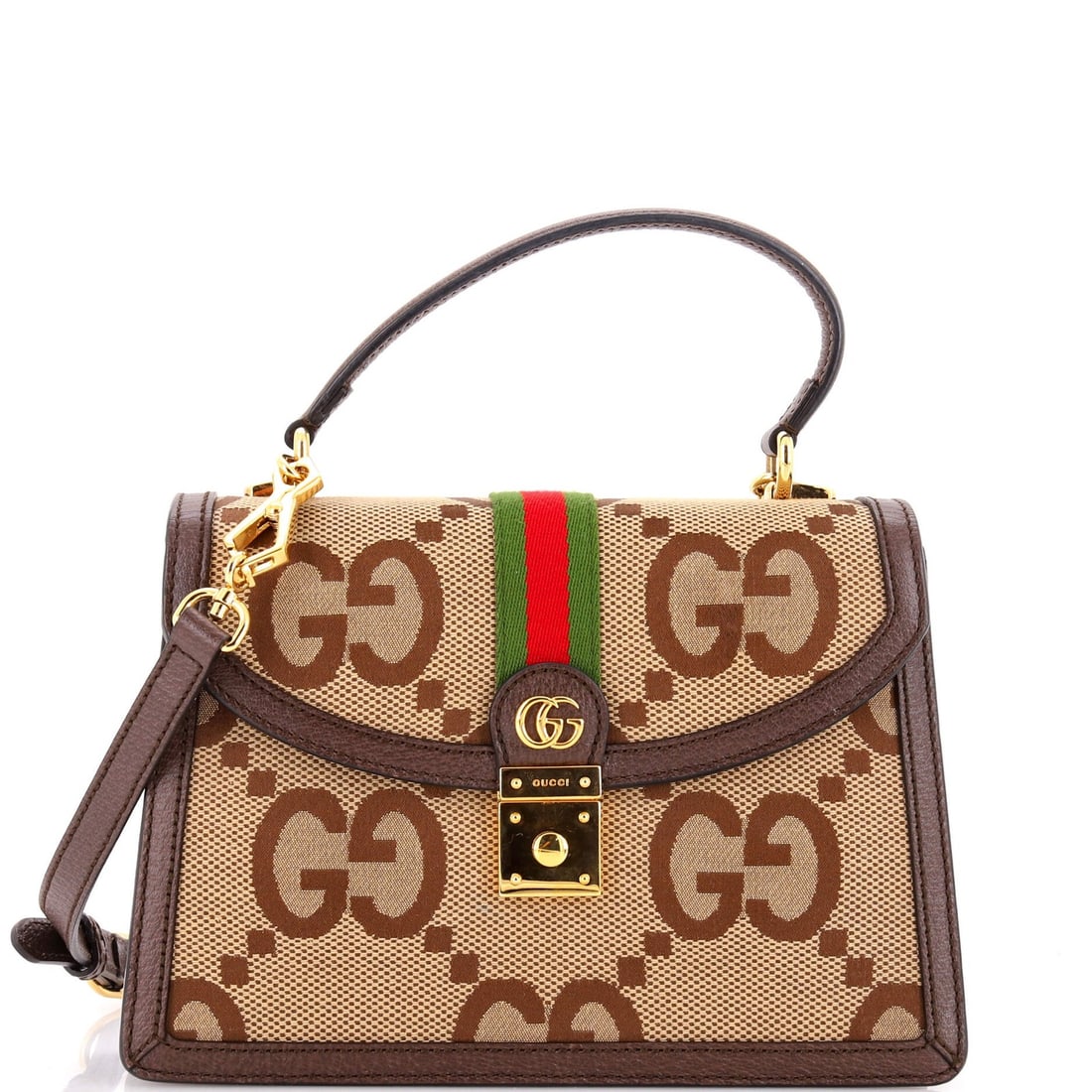 Flap Top Handle Bag Canvas GG Small Jumbo Ophidia: Flap Top Handle Bag Canvas GG Small Jumbo Ophidia Small, stylish Gucci Ophidia Flap Top Handle Bag in brown canvas with gold hardware. Measuring just 7" tall and 8" wide, this compact cross-body bag f