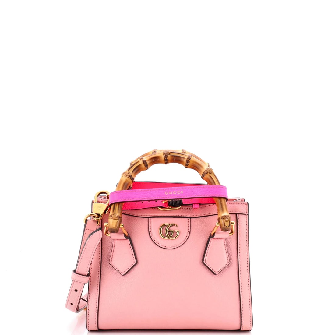 Gucci Leather Mini Bamboo Tote Handle Diana NM: Gucci Leather Mini Bamboo Tote Handle Diana NM Pink leather mini cross body bag with bamboo handle, featuring Gucci's signature style and iconic design. The bag measures 6.5" tall, 8" wide, and 4" dee