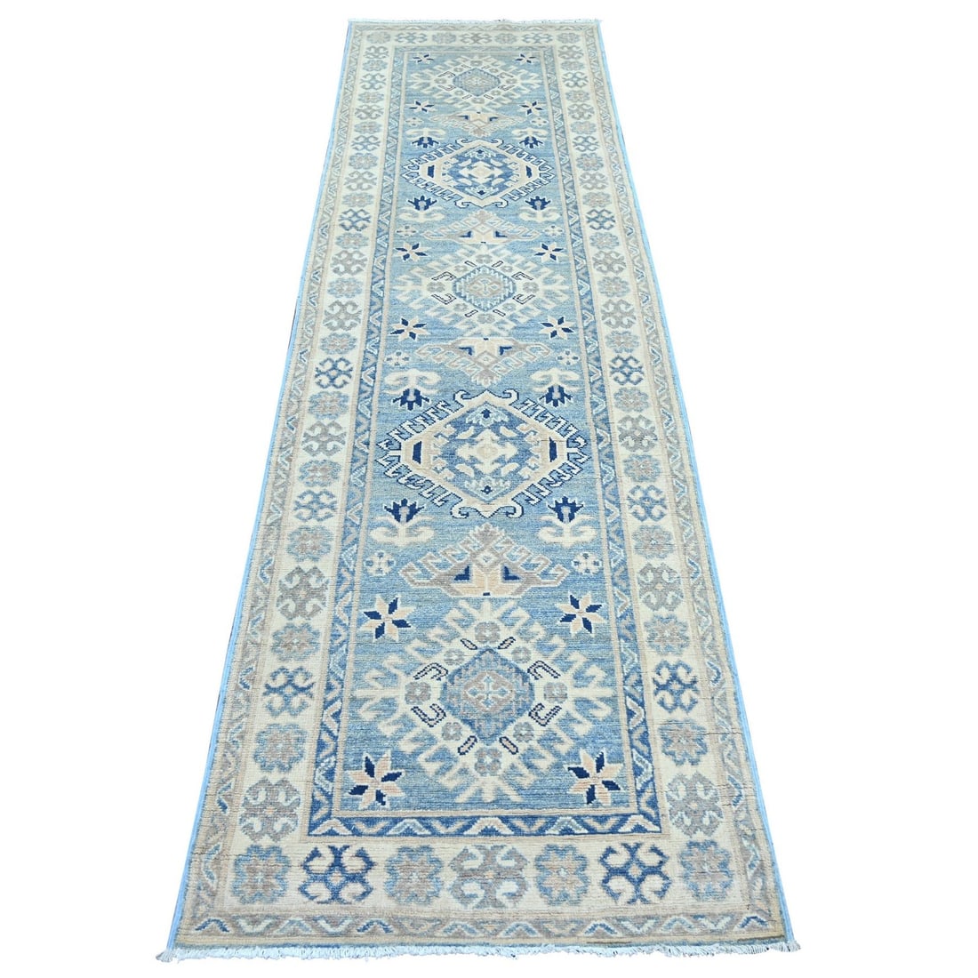 2'9"x9'7" Blue Vintage Look Kazak with Medallions Hand Knotted Wool Runner: 2'9"x9'7" Blue Vintage Look Kazak with Medallions Hand Knotted Wool Runner The Blue Vintage Look Kazak with Medallions Hand Knotted Wool Runner boasts an impressive size and intricate design, featurin