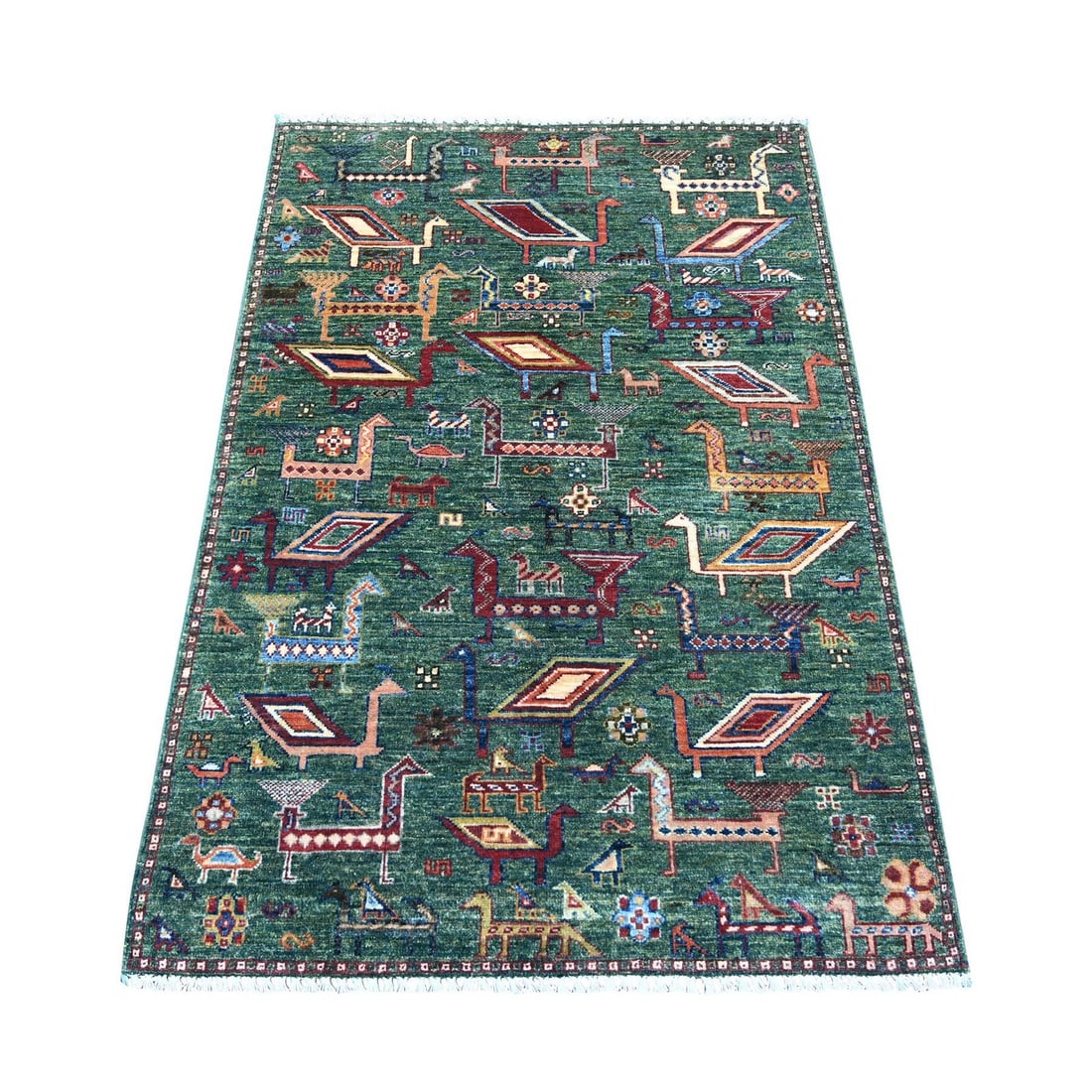 3'4"x5' Green Hand Knotted Sultani Ancient Bird Figurines Pure Wool Rug: 3'4"x5' Green Hand Knotted Sultani Ancient Bird Figurines Pure Wool Rug The Green Hand Knotted Sultani Ancient Bird Figurines Pure Wool Rug boasts an all-over regional design in vibrant green hues,