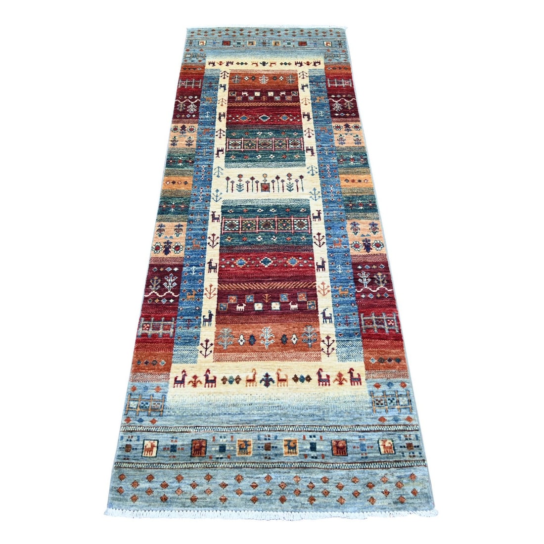 2'6"x7'1" Blue Kashkuli Animal Figurines Hand Knotted Wool Runner Rug: 2'6"x7'1" Blue Kashkuli Animal Figurines Hand Knotted Wool Runner Rug Hand-knotted in vibrant blue wool, this stunning Kashkuli animal figurine runner rug boasts an intricate design featuring a unique