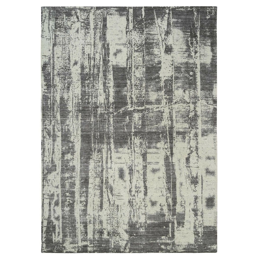 Black wool silk rug modern design hand loomed plant based: Black wool silk rug modern design hand loomed plant based Black wool silk rug with modern design, hand loomed and made from plant-based materials. This rectangular field rug features an oriental