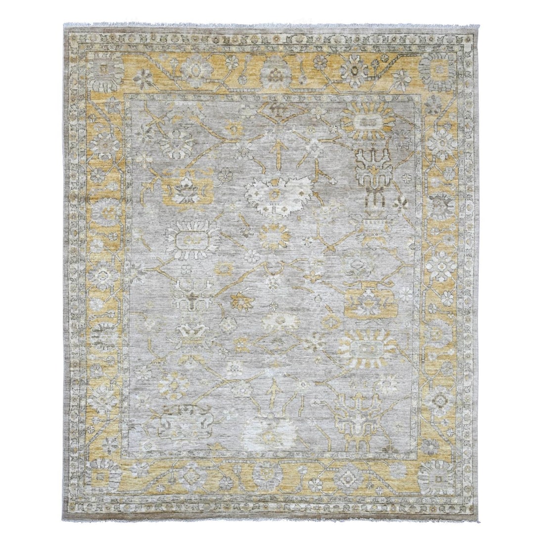 8'2"x10' Light Brown Hand Knotted Angora Oushak Leaf Design Pure Wool Rug (1 of 11)