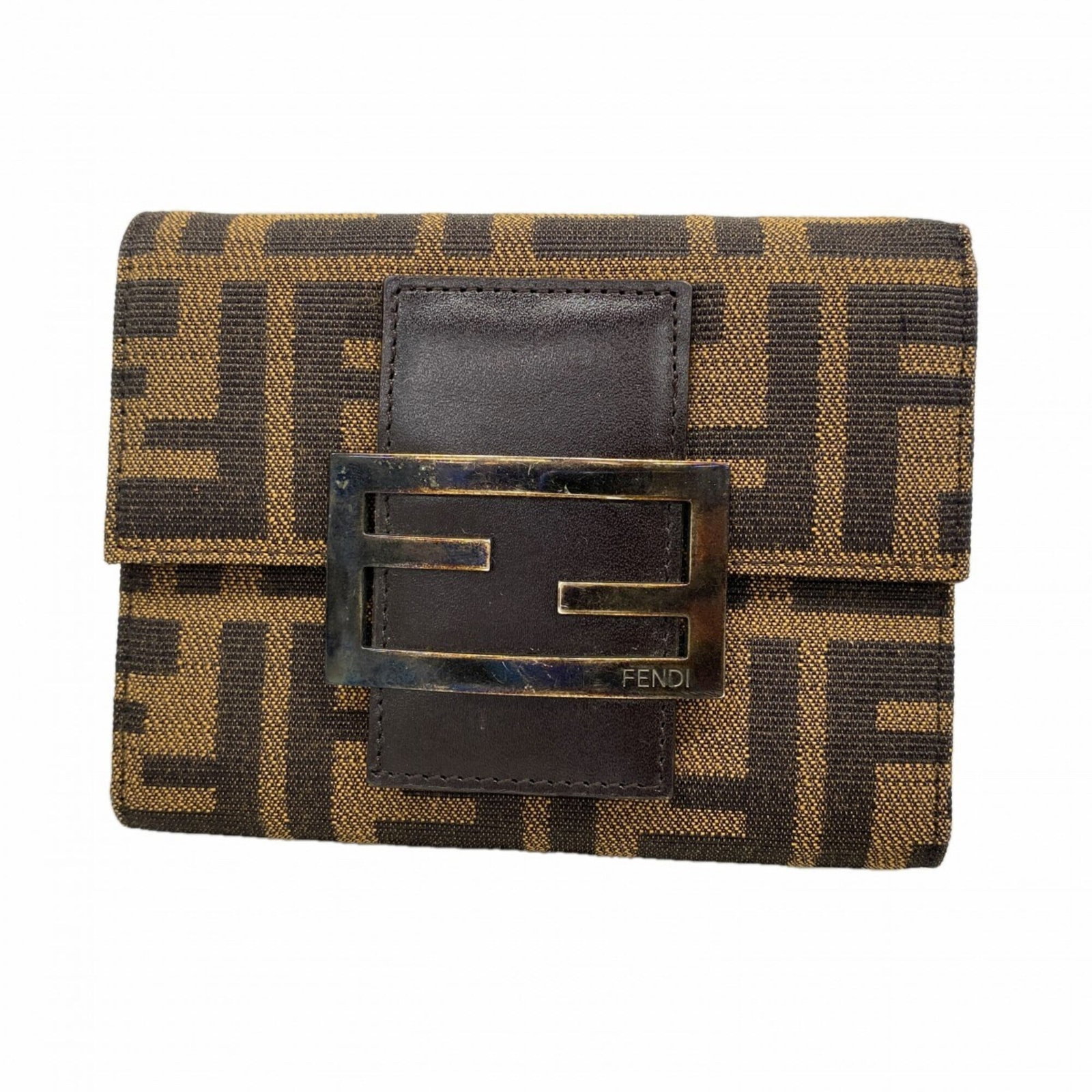 Fendi nylon canvas tri fold wallet: Fendi nylon canvas tri fold wallet Fendi nylon canvas tri fold wallet in brown, featuring a classic design with three folds for organization. The item has some signs of usage, including scratches and