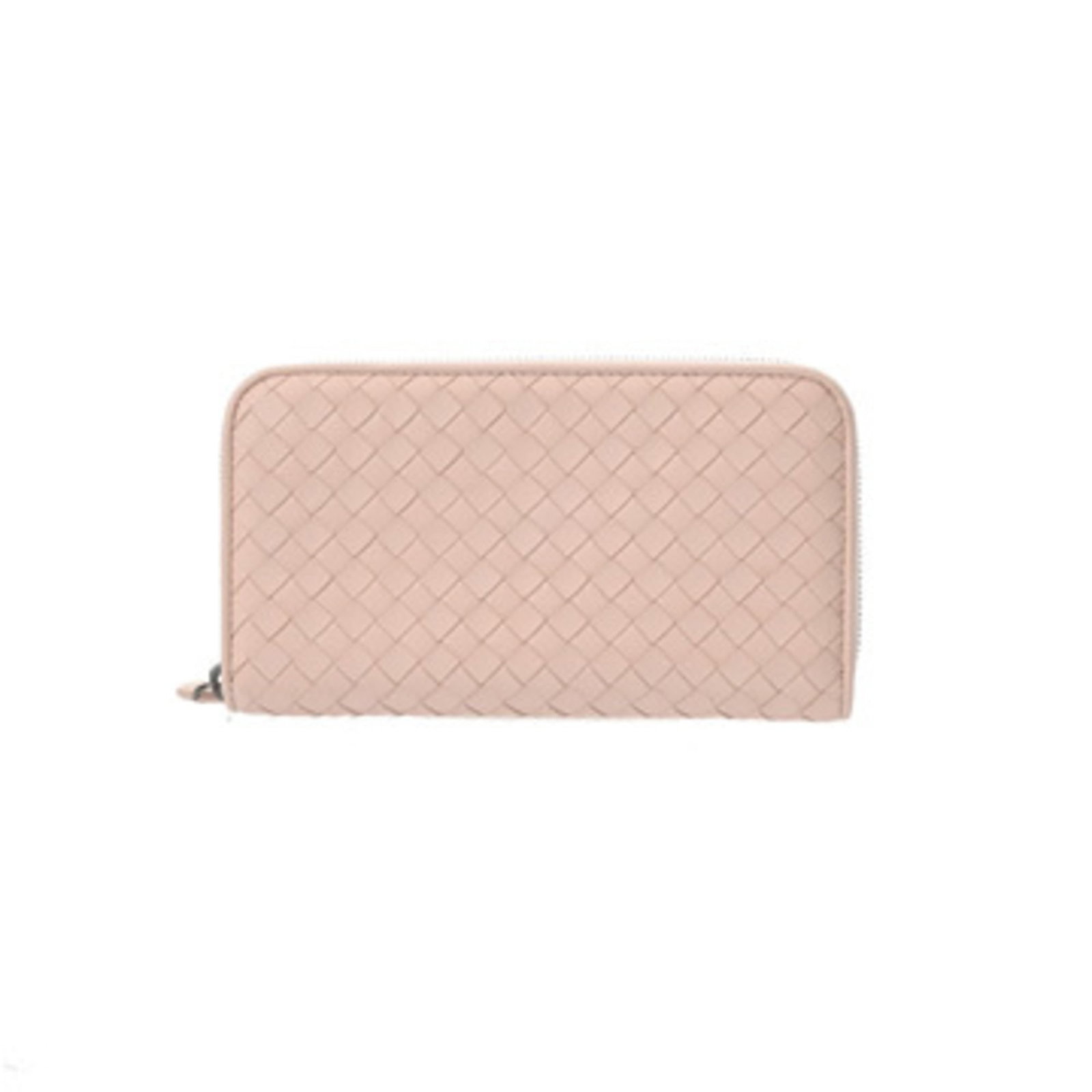 Bottega Veneta Long Wallet (Bi-Fold) Leather: Bottega Veneta Long Wallet (Bi-Fold) Leather Bottega Veneta's iconic bi-fold long wallet features a soft baby pink leather exterior with subtle scratches and minor dirt marks, giving it a worn-in look