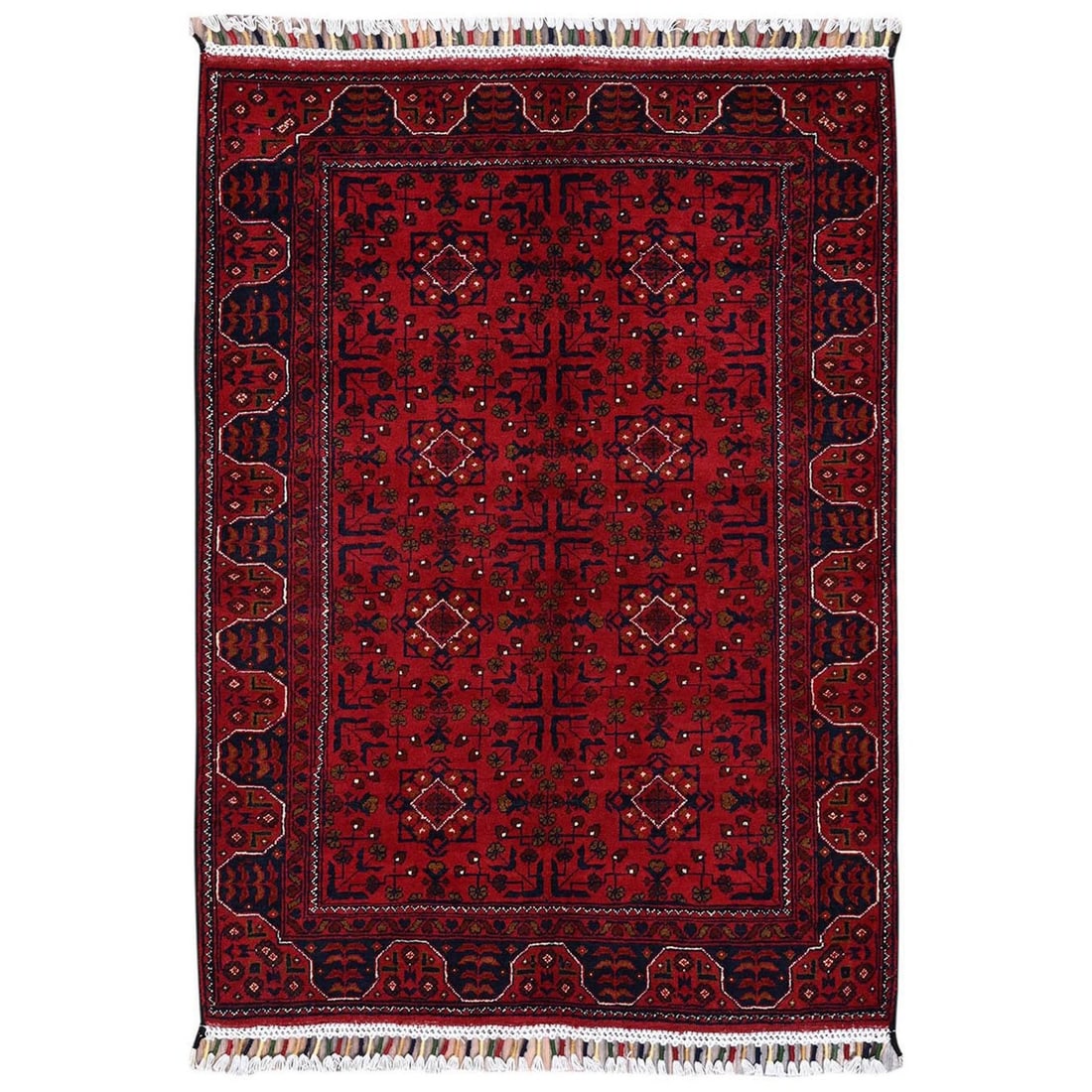 3'3"x4'8" Red Afghan Andkhoy with Tribal Design Hand Knotted Soft Wool Rug: 3'3"x4'8" Red Afghan Andkhoy with Tribal Design Hand Knotted Soft Wool Rug Soft and vibrant, this hand-knotted Red Afghan Andkhoy rug boasts an all-over tribal design in rich red hues. Made from