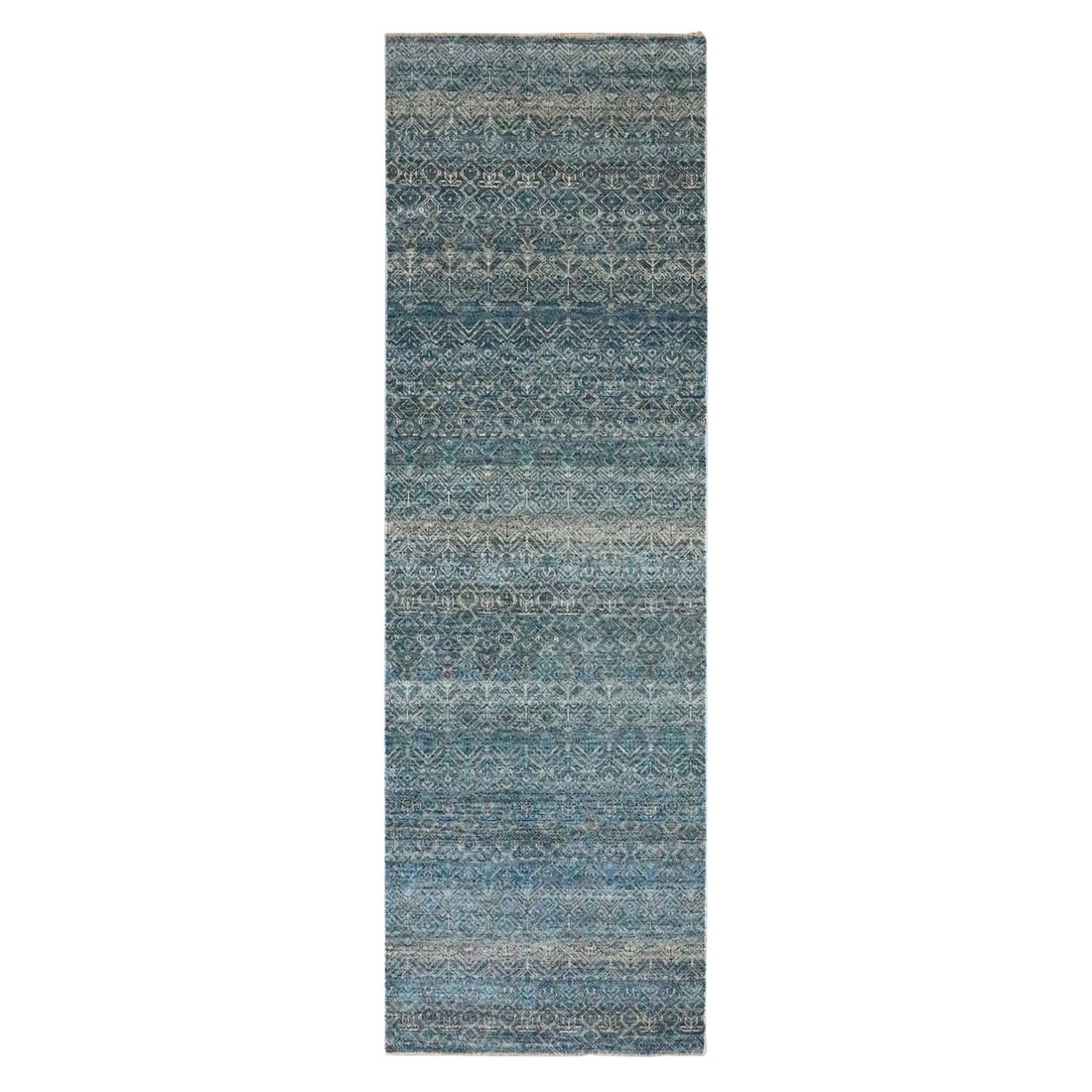 Blue Soft Hand Knotted Diamond Repetitive 3'x9'9" Runner Rug: Blue Soft Hand Knotted Diamond Repetitive 3'x9'9" Runner Rug Blue Soft Hand Knotted Diamond Repetitive 3'x9'9" Runner Rug boasts an all-over oriental design in a vibrant blue field, creating a
