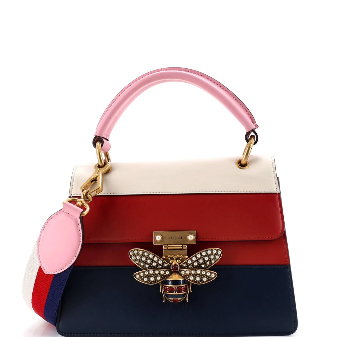 Colorblock leather small bag top handle by Margaret Gucci queen: Colorblock leather small bag top handle by Margaret Gucci queen Colorblock leather small bag with top handle, featuring multicolor exterior and neutral interior. This stylish accessory boasts a