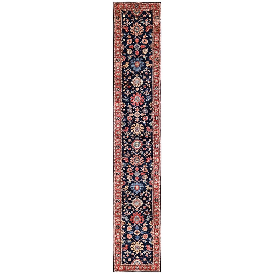 3'1"x19'1" Midnight Blue Heriz All Over Design Hand Knotted Wool Runner Rug: 3'1"x19'1" Midnight Blue Heriz All Over Design Hand Knotted Wool Runner Rug Midnight Blue Heriz All Over Design Hand Knotted Wool Runner Rug boasts an all-over design in a rich blue field,