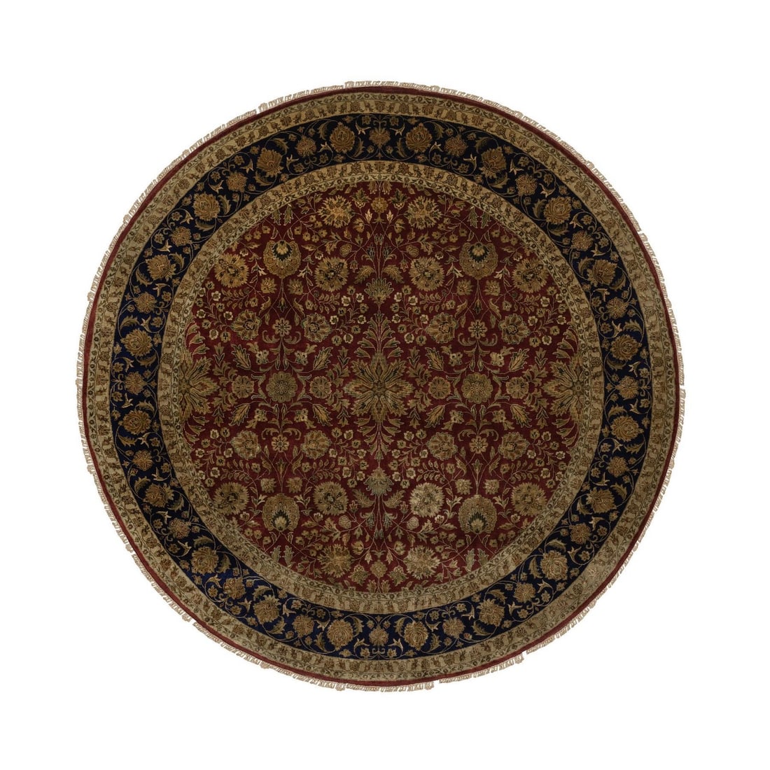 8'9"x8'9" Syrah Red Wool & Silk Zoroastrian Design Hand Knotted Round Rug: 8'9"x8'9" Syrah Red Wool & Silk Zoroastrian Design Hand Knotted Round Rug 8'9"x8'9" Syrah Red Wool & Silk Zoroastrian Design Hand Knotted Round Rug boasts an all-over regional design in vibrant red,