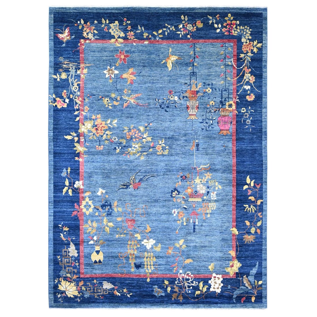 10'x13'8" Blue Chinese Art Deco Inspired Peshawar Hand Knotted Wool Rug: 10'x13'8" Blue Chinese Art Deco Inspired Peshawar Hand Knotted Wool Rug Blue Chinese Art Deco Inspired Peshawar Hand Knotted Wool Rug measures 9'11" x 13'8" and features a rectangular field with flora