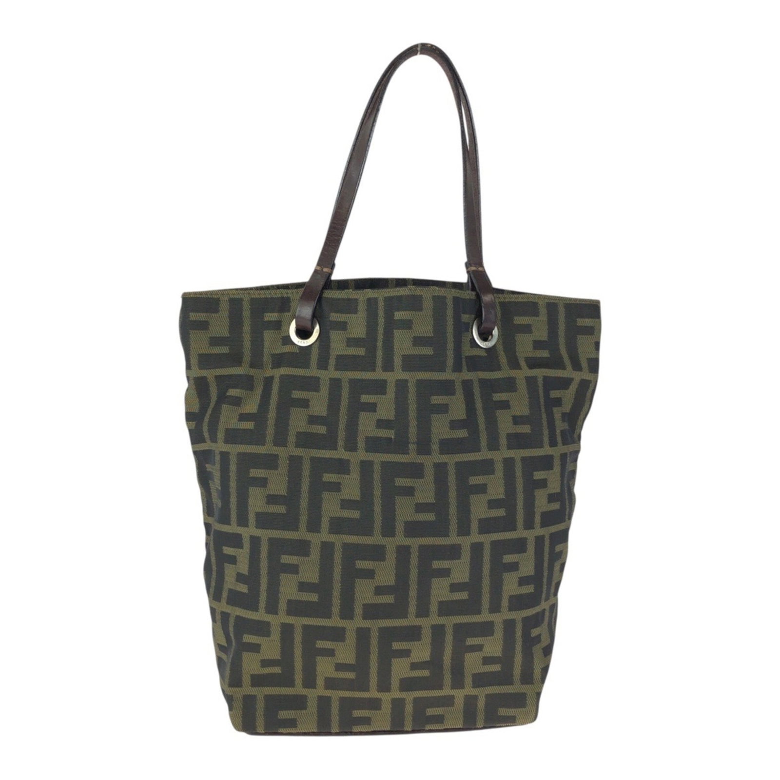 Fendi Handbag Tote Bag Nylon Leather: Fendi Handbag Tote Bag Nylon Leather Dark Brown Fendi Handbag Tote Bag with Silver Hardware, featuring a mix of nylon and leather materials. The bag measures 25cm x 25cm x 10cm and shows signs of usag