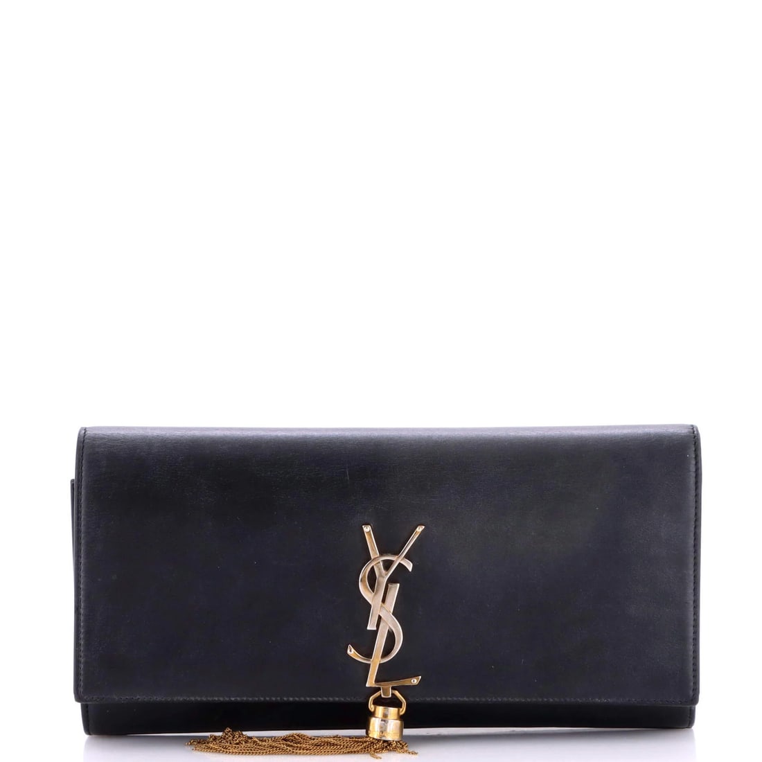 Laurent Saint Classic Tassel Leather Long Monogram Clutch: Laurent Saint Classic Tassel Leather Long Monogram Clutch Black leather long monogram tassel clutch with gold hardware, featuring a classic design and signature Saint Laurent style. This long strap