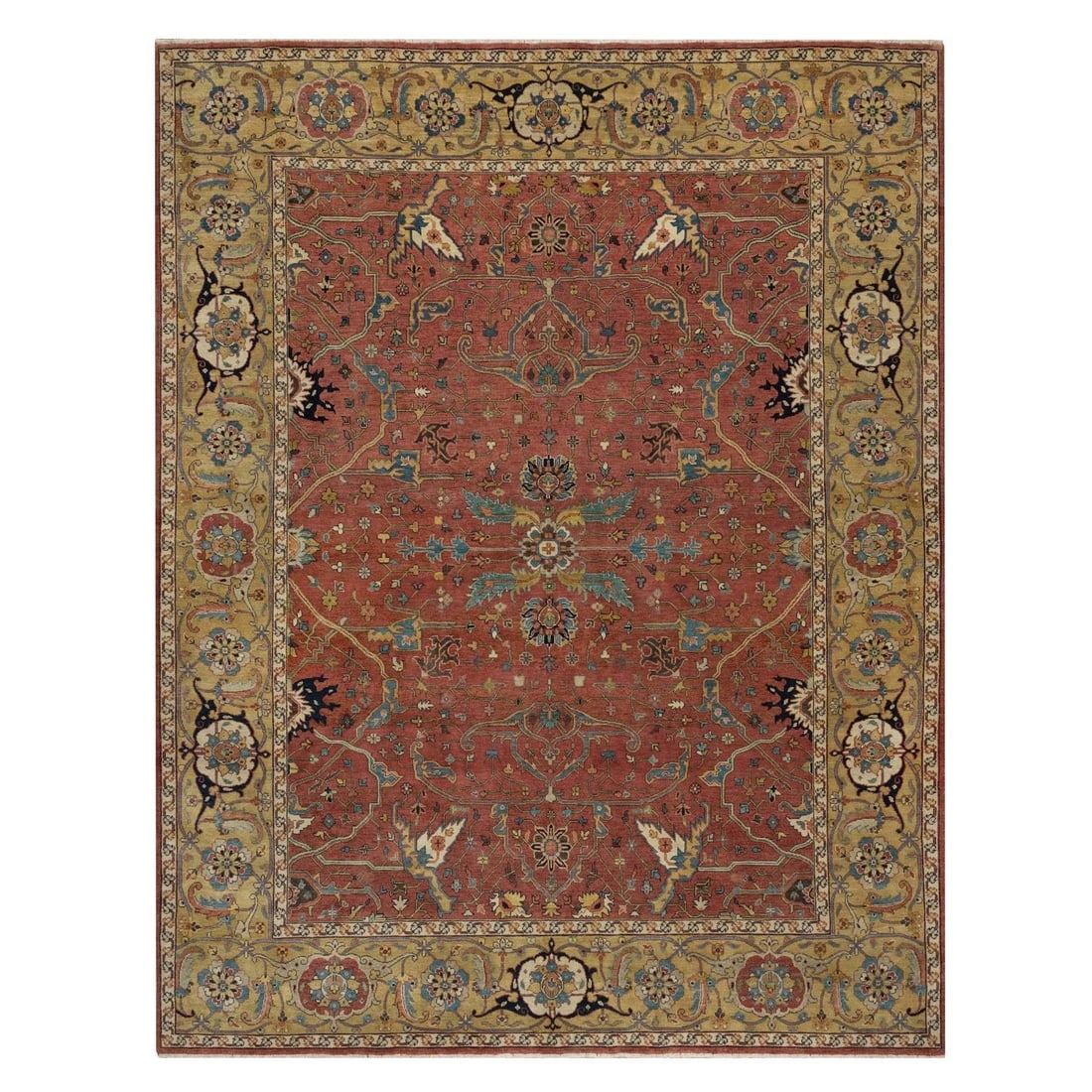 8'x10'2" Red Soft Wool Rug Antiqued Fine Heris Re-Creation Hand Knotted: 8'x10'2" Red Soft Wool Rug Antiqued Fine Heris Re-Creation Hand Knotted Hand-knotted in soft wool, this 8'x10'2" red Heris-style rug boasts an all-over regional design with intricate patterns. Made